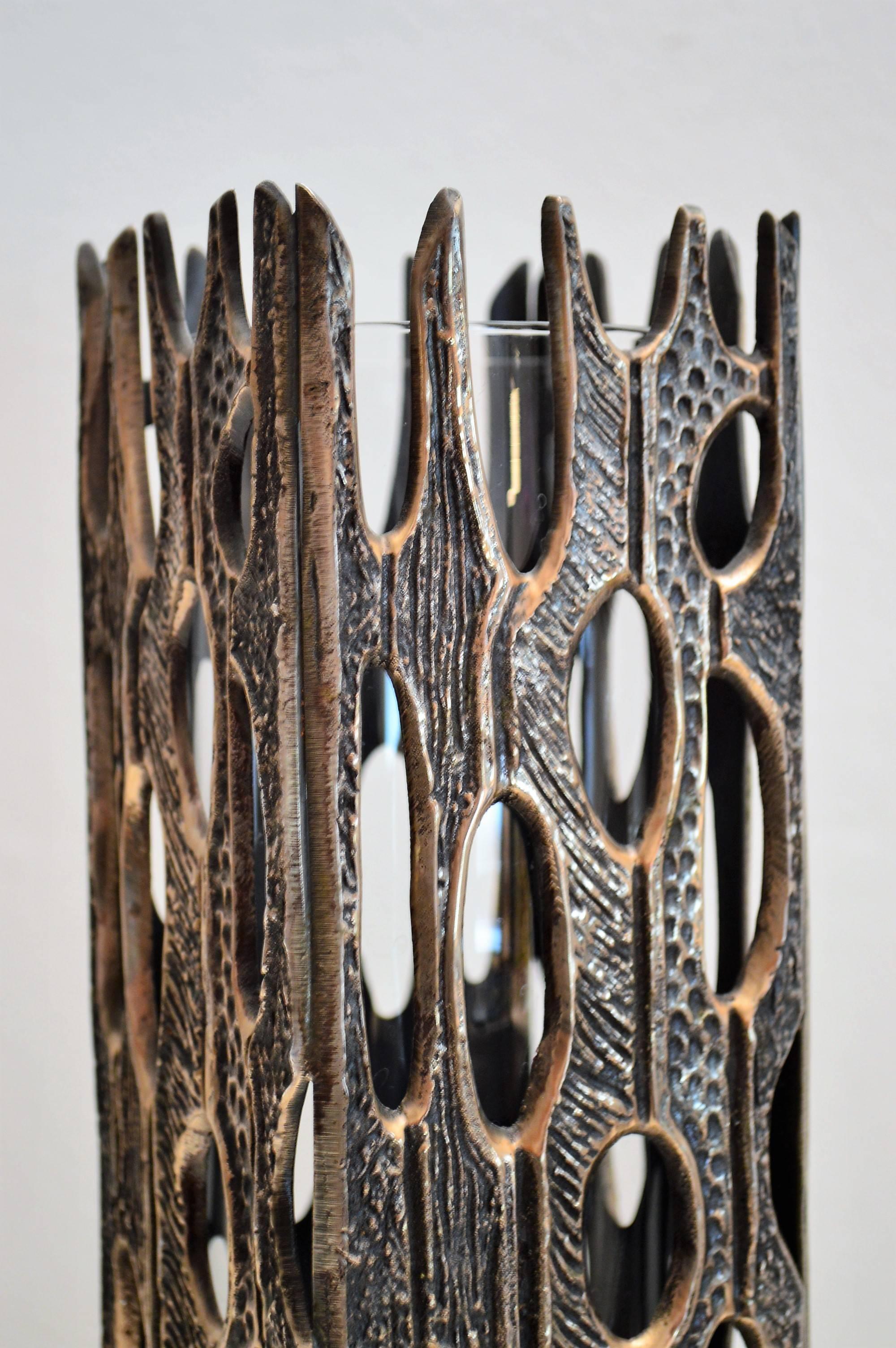 Italian Sculptural Brutalist Bronze and Glass Vase, 1960s In Excellent Condition In Morazzone, Varese