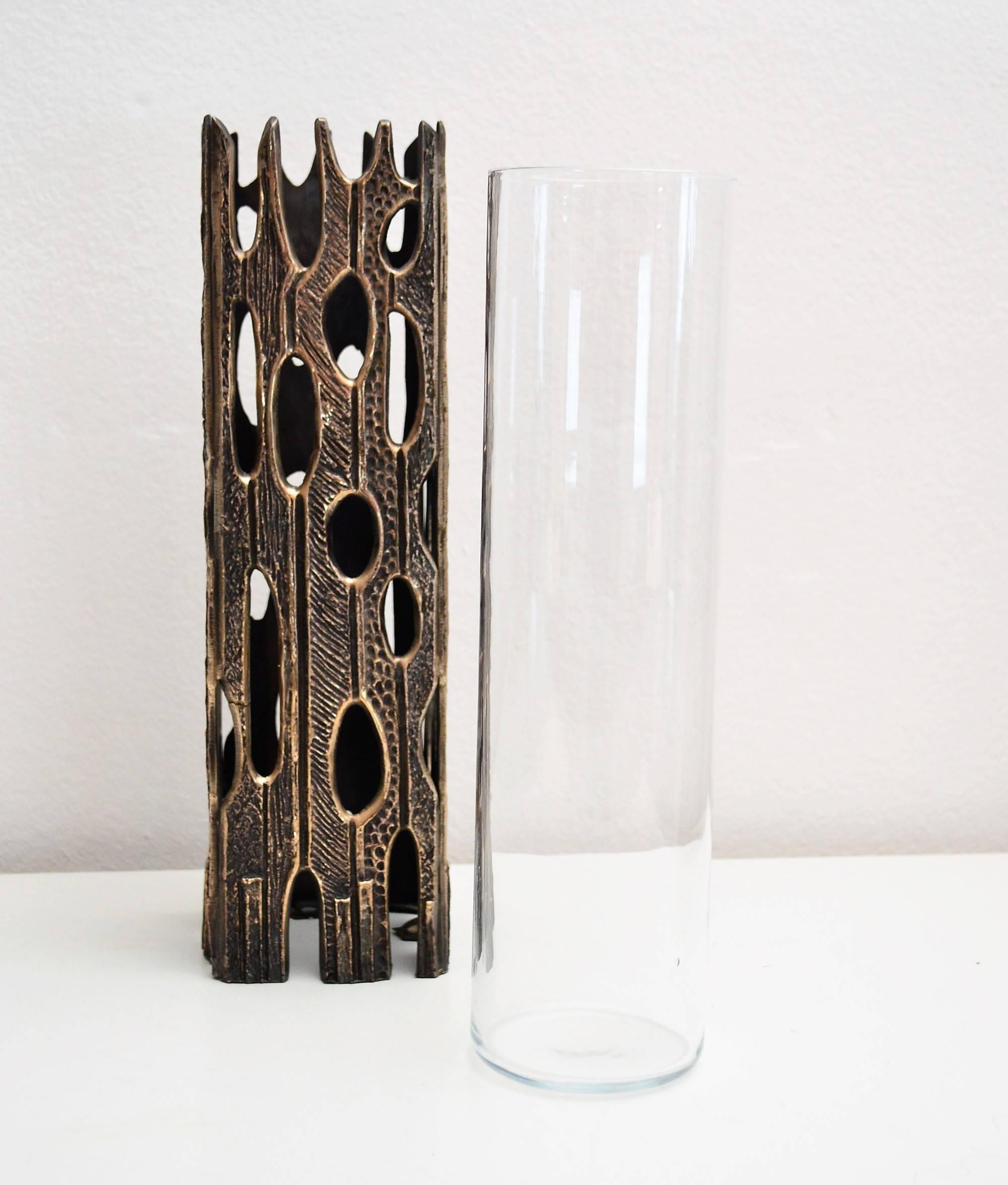 Italian Sculptural Brutalist Bronze and Glass Vase, 1960s 2