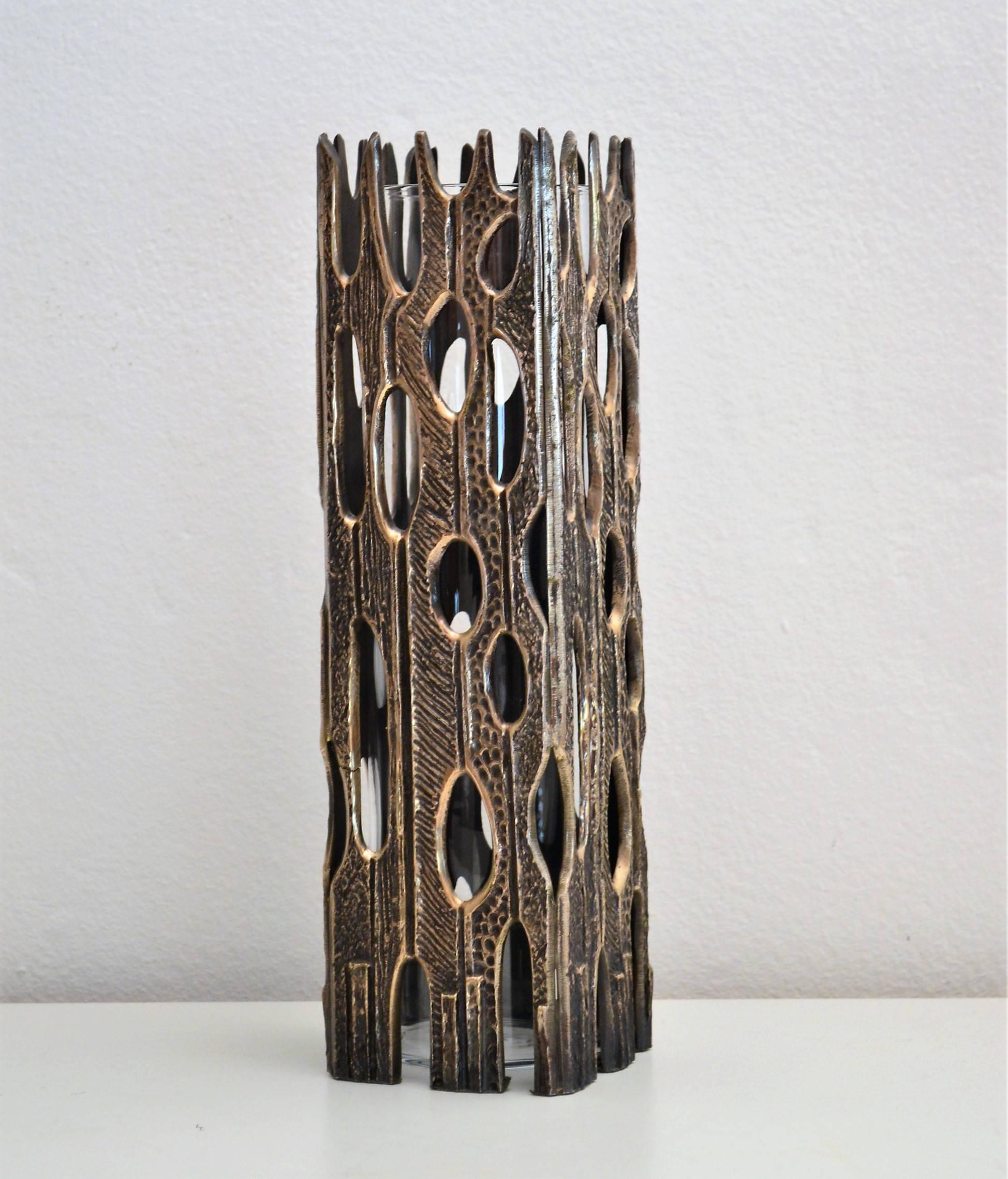 Italian Sculptural Brutalist Bronze and Glass Vase, 1960s 3