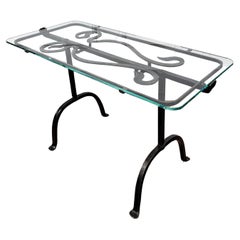 Table basse ou table d'appoint italienne sculpturale brutaliste en fer forgé et verre