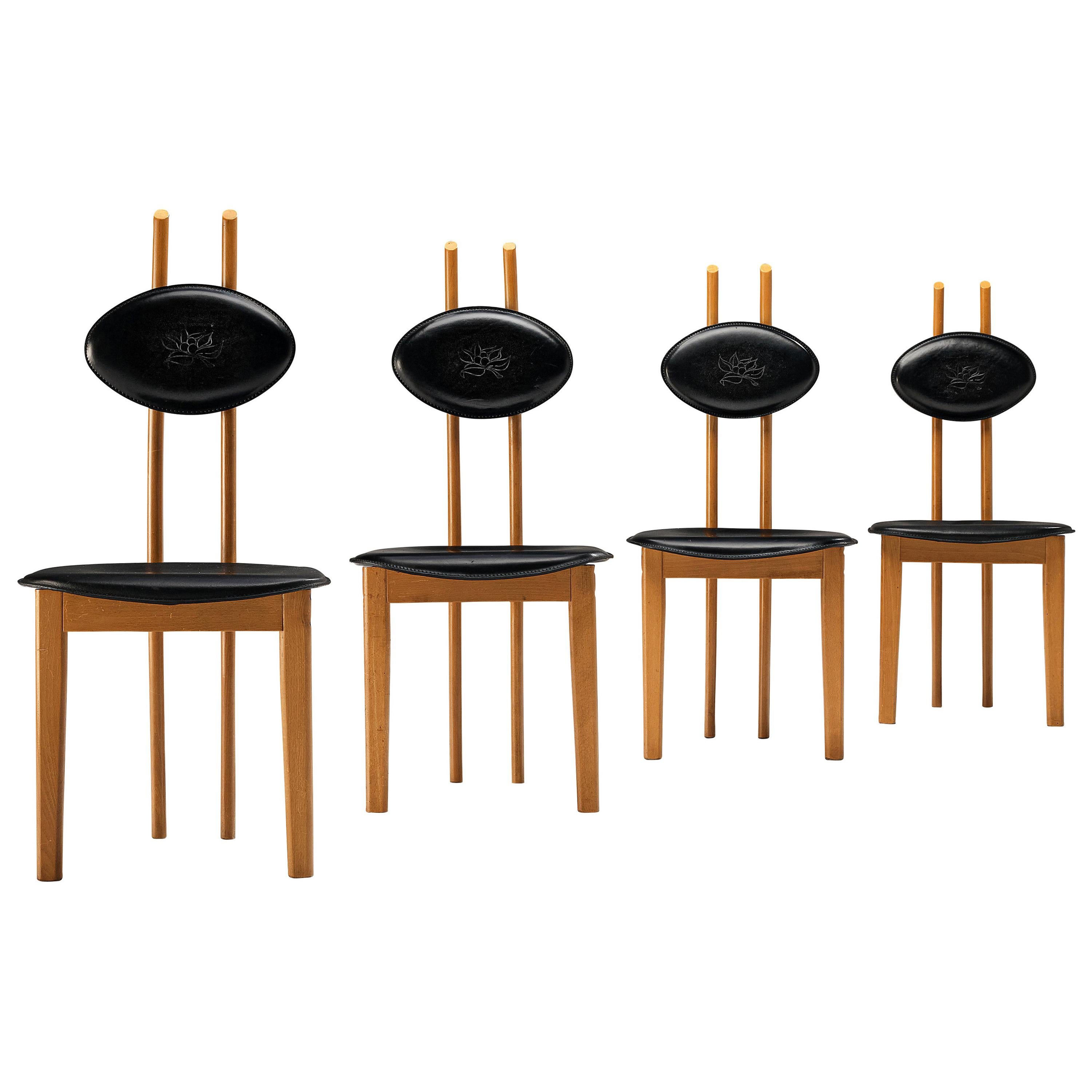 Italian Sculptural Chairs in Black Leather