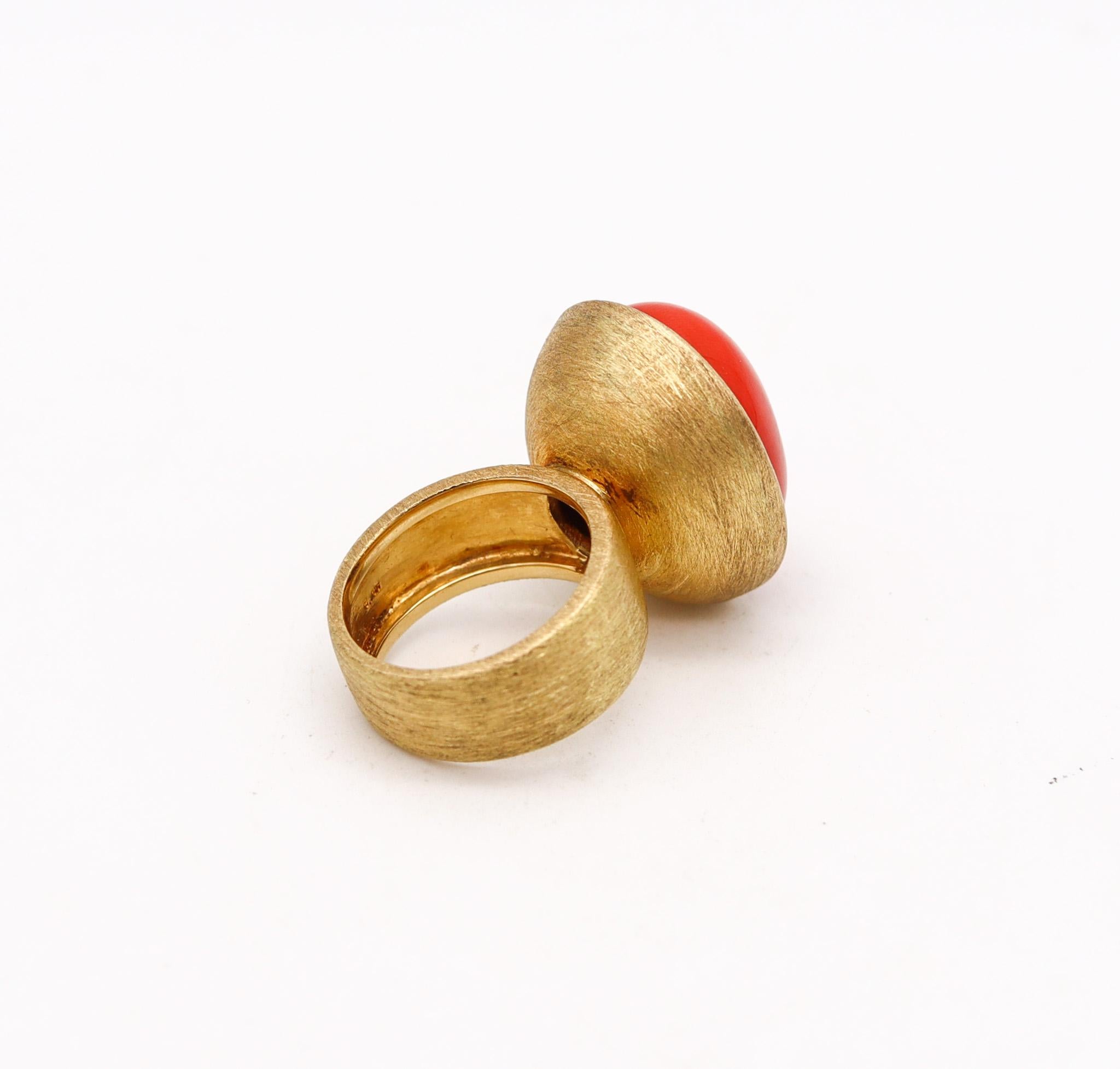 Cabochon Italian Sculptural Cocktail Ring In Solid Brushed 18Kt Yellow Gold And Red Coral For Sale