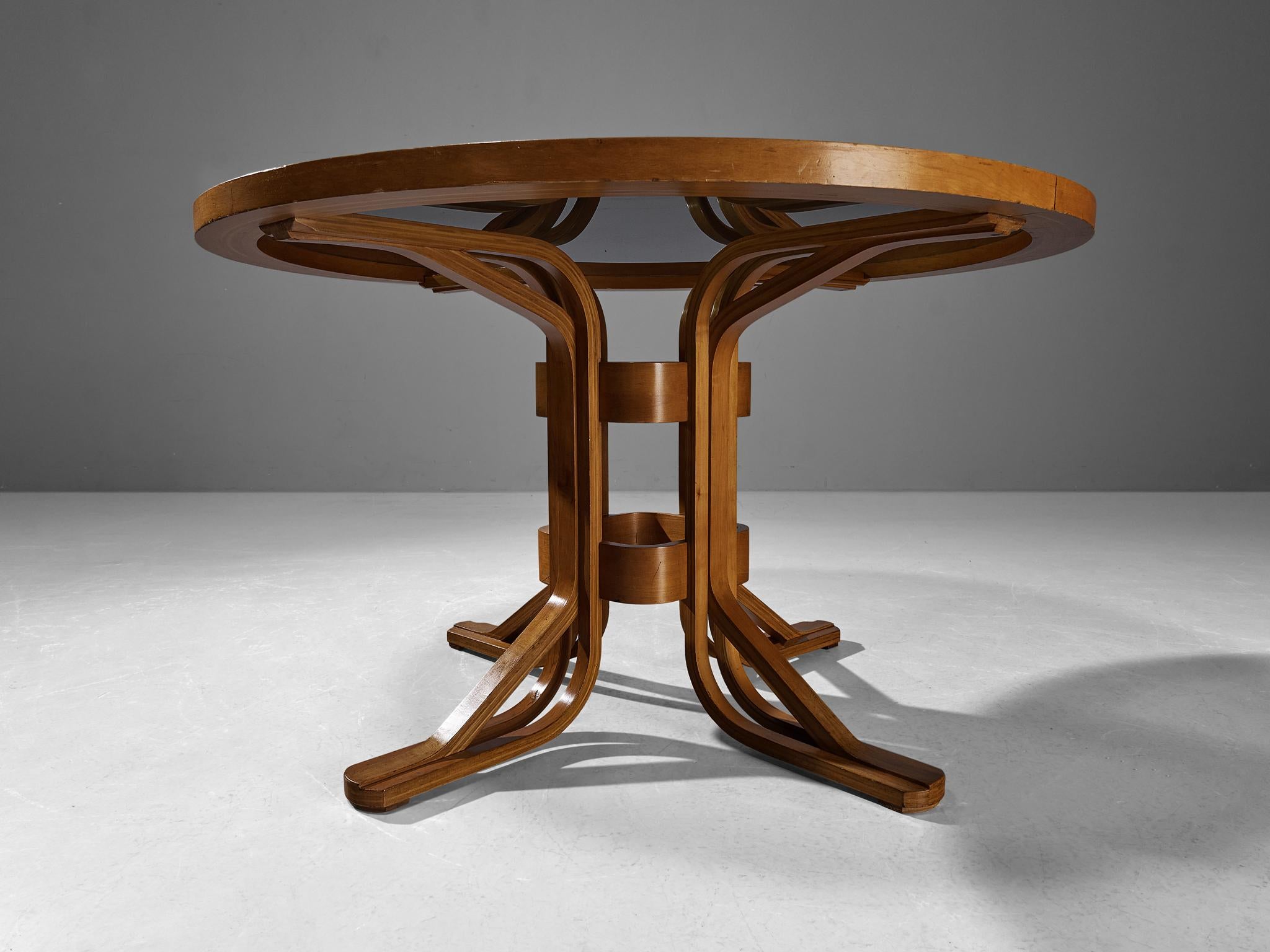 Italian Sculptural Dining Table in Plywood Maple and Smoked Glass 3