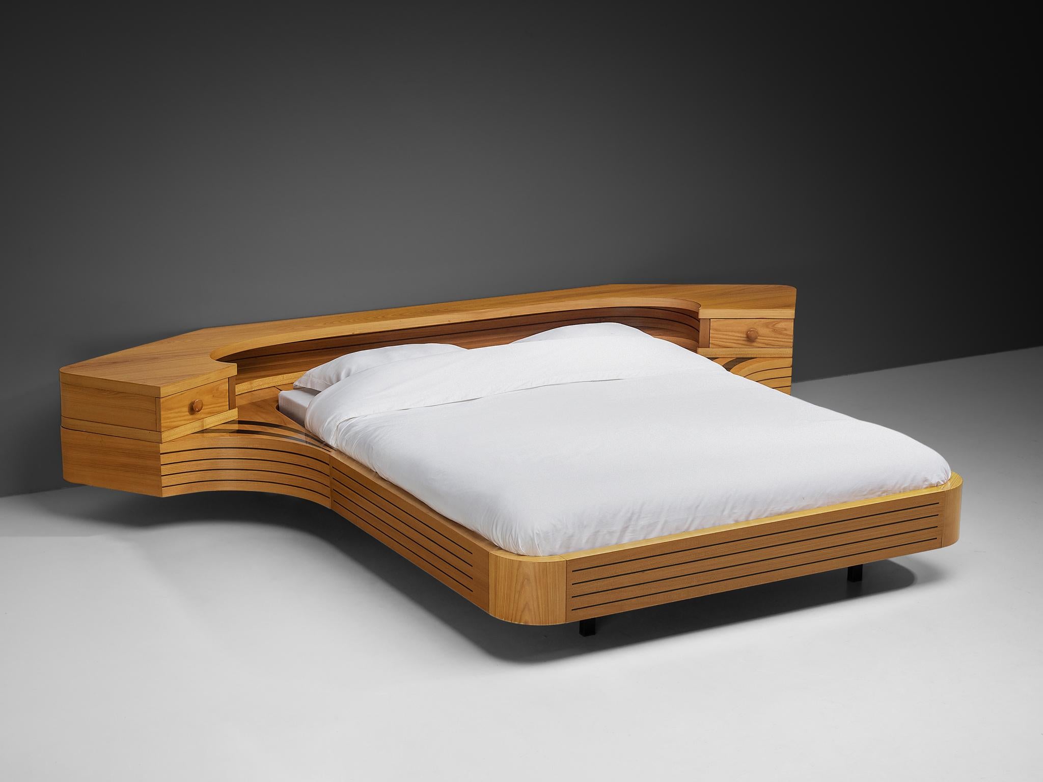 Italian Sculptural King Size bed with Integrated Nightstands in Ash For Sale 1