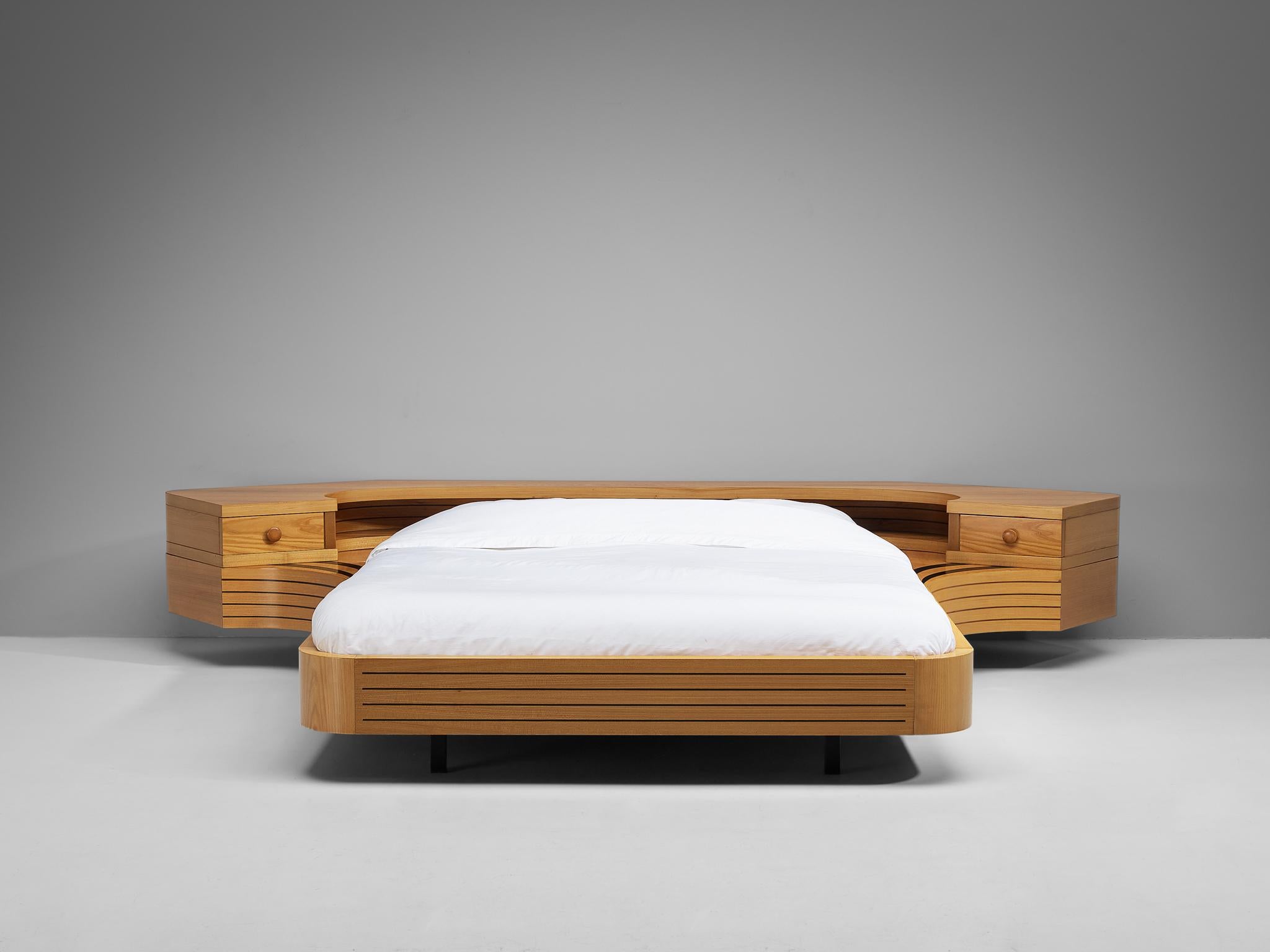 Post-Modern Italian Sculptural King Size Bed with Integrated Nightstands in Elm  For Sale