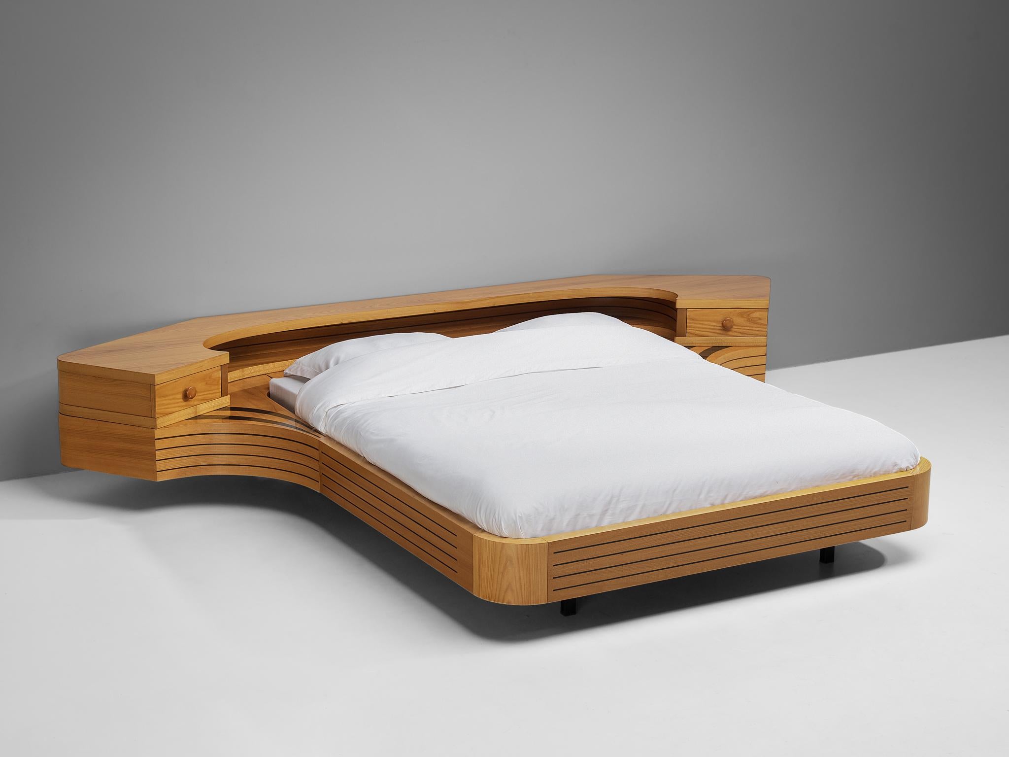 Wood Italian Sculptural King Size Bed with Integrated Nightstands in Elm  For Sale