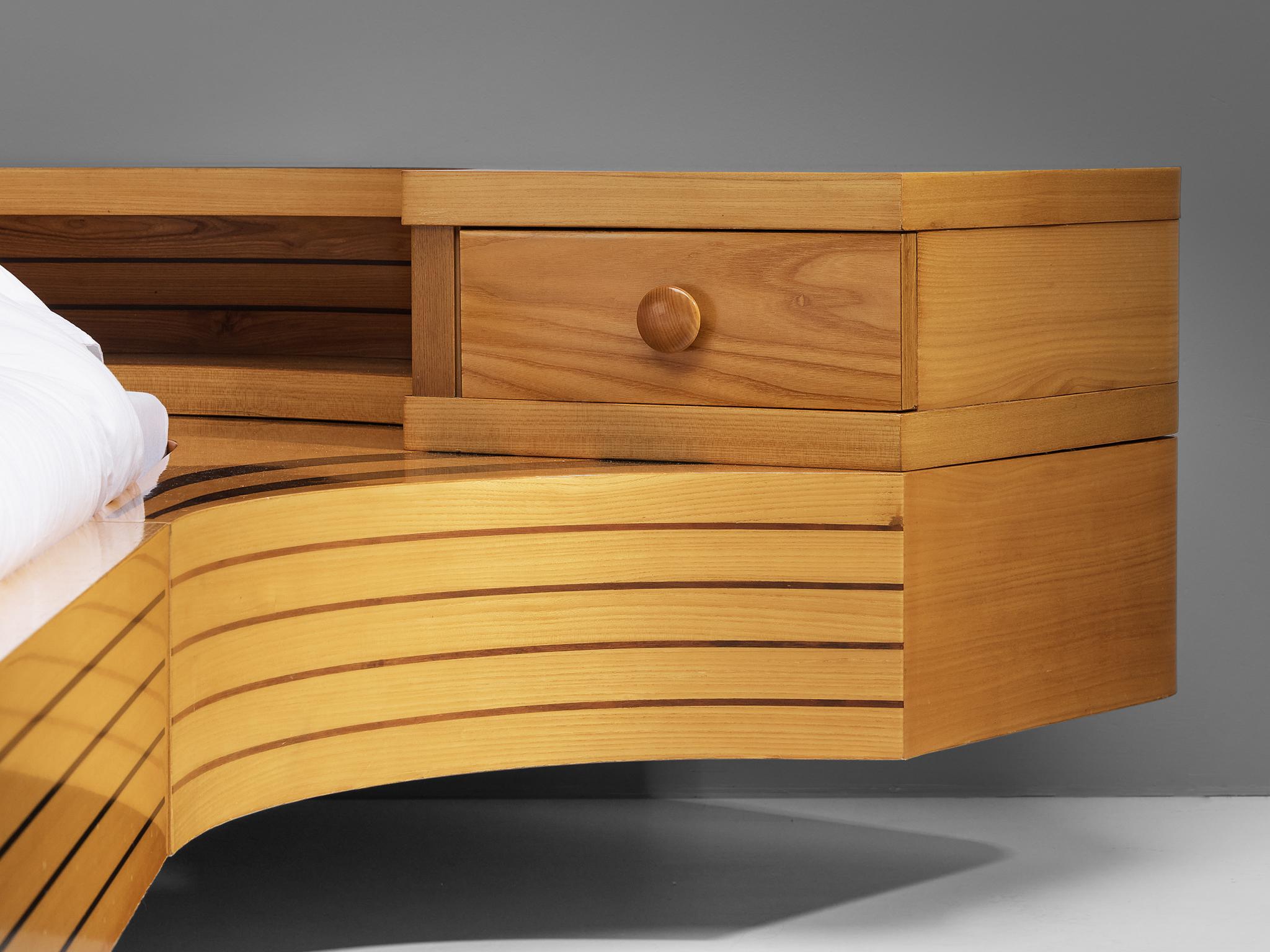 Italian Sculptural King Size Bed with Integrated Nightstands in Elm  For Sale 2
