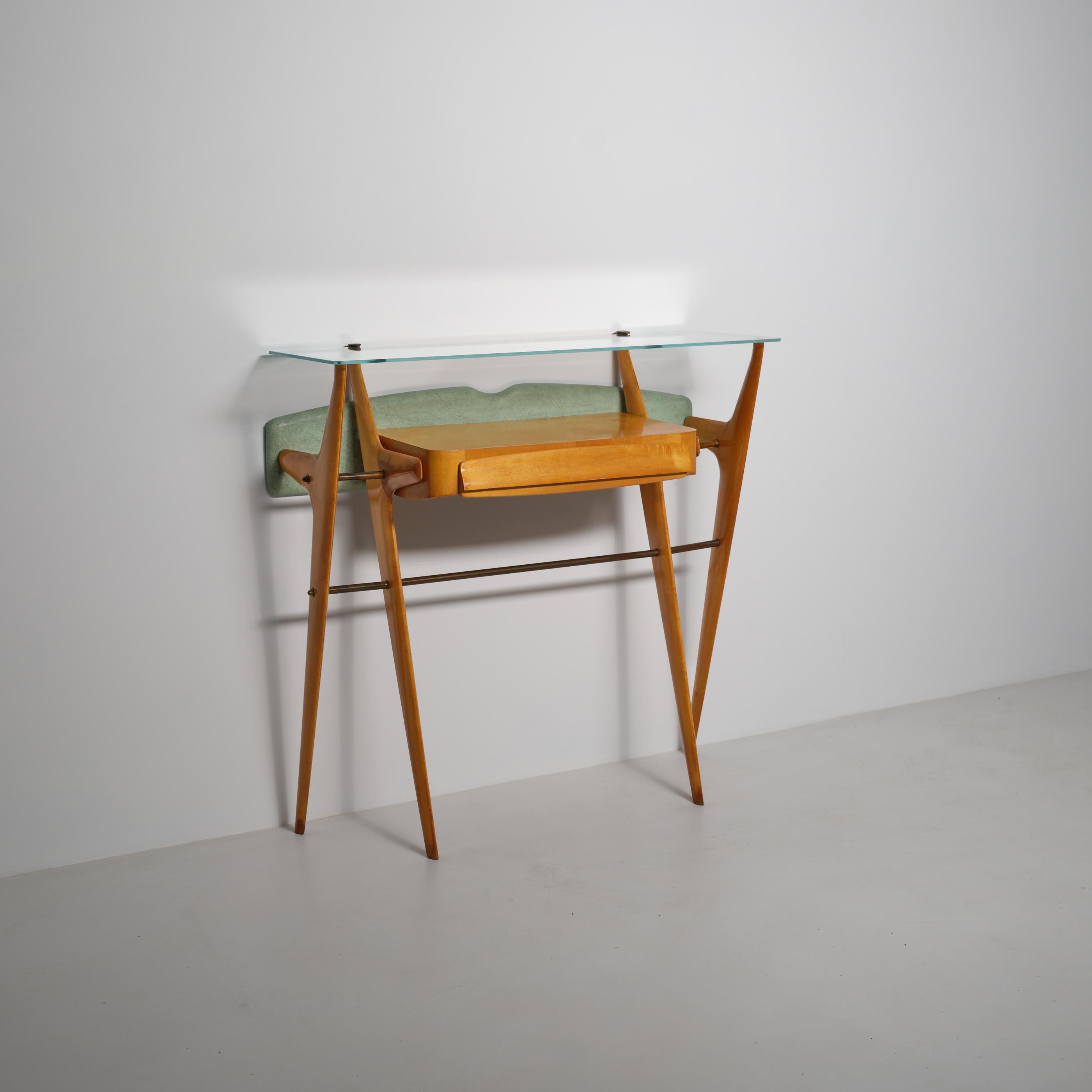 Brass Italian Sculptural Maple Console with Glass Top, Attributed to Ico Parisi, 1950s For Sale