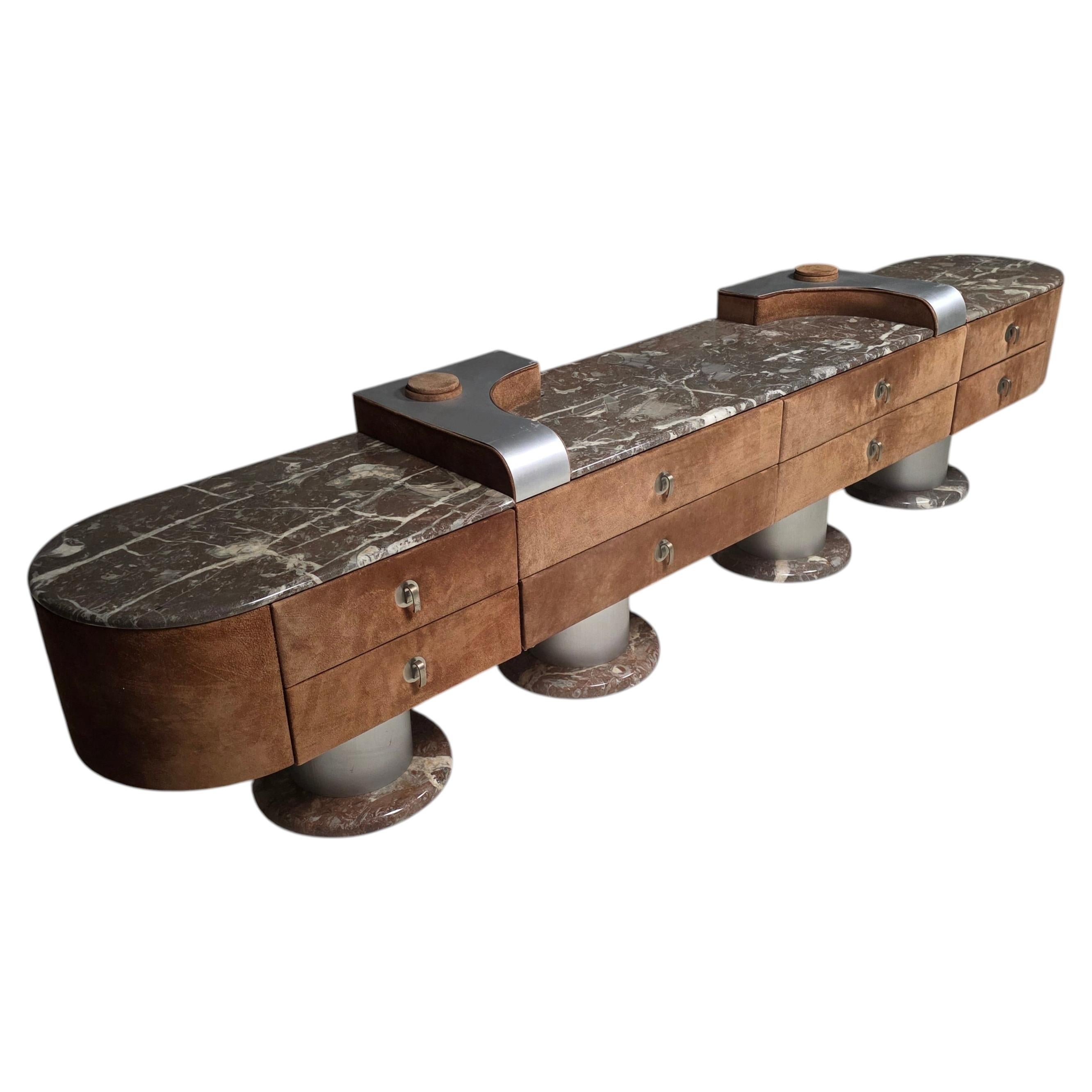Italian Sculptural Sideboard in Suede and Breccia Marble, 1970s