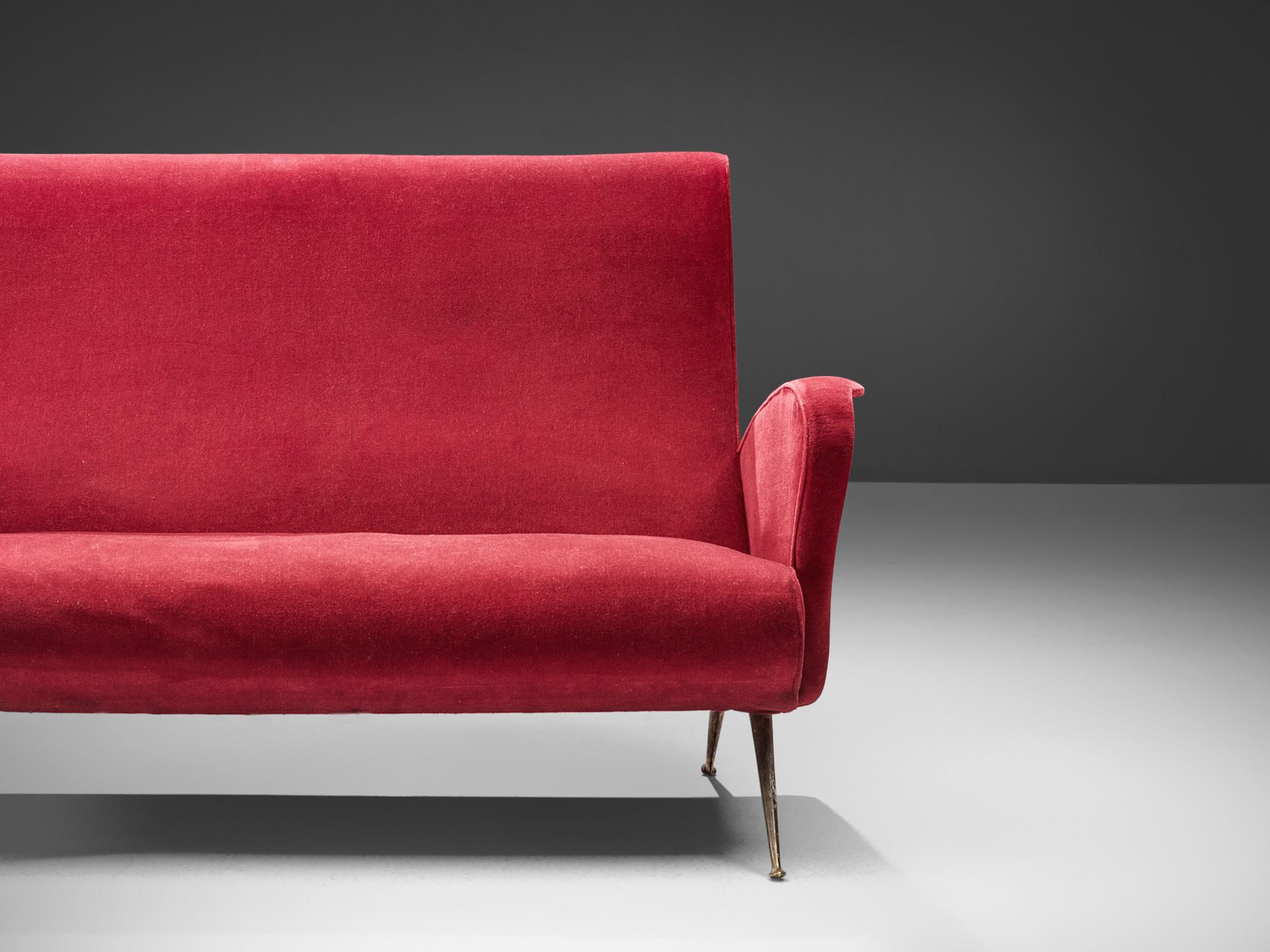 Italian Sculptural Sofa in Red Velvet and Brass 1