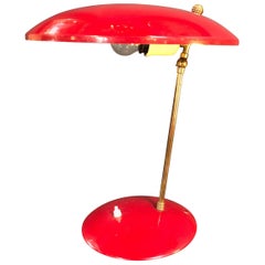 Italian Sculptural Table Lamp in Brass and Red Enameled Metal, 1950s