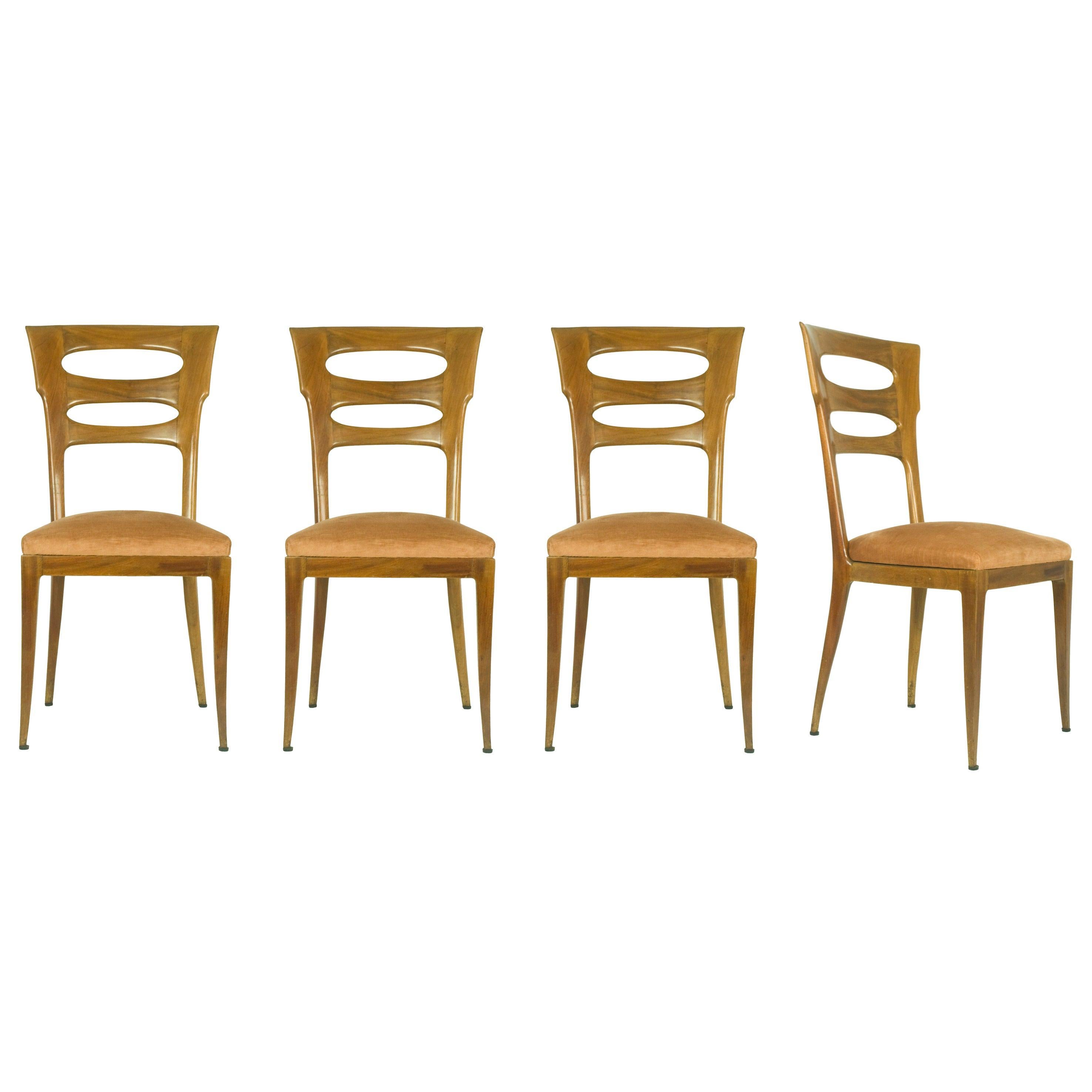 Italian Sculptural Wooden and Pink Velvet Dining Chairs, 1940s, Set of 4 For Sale