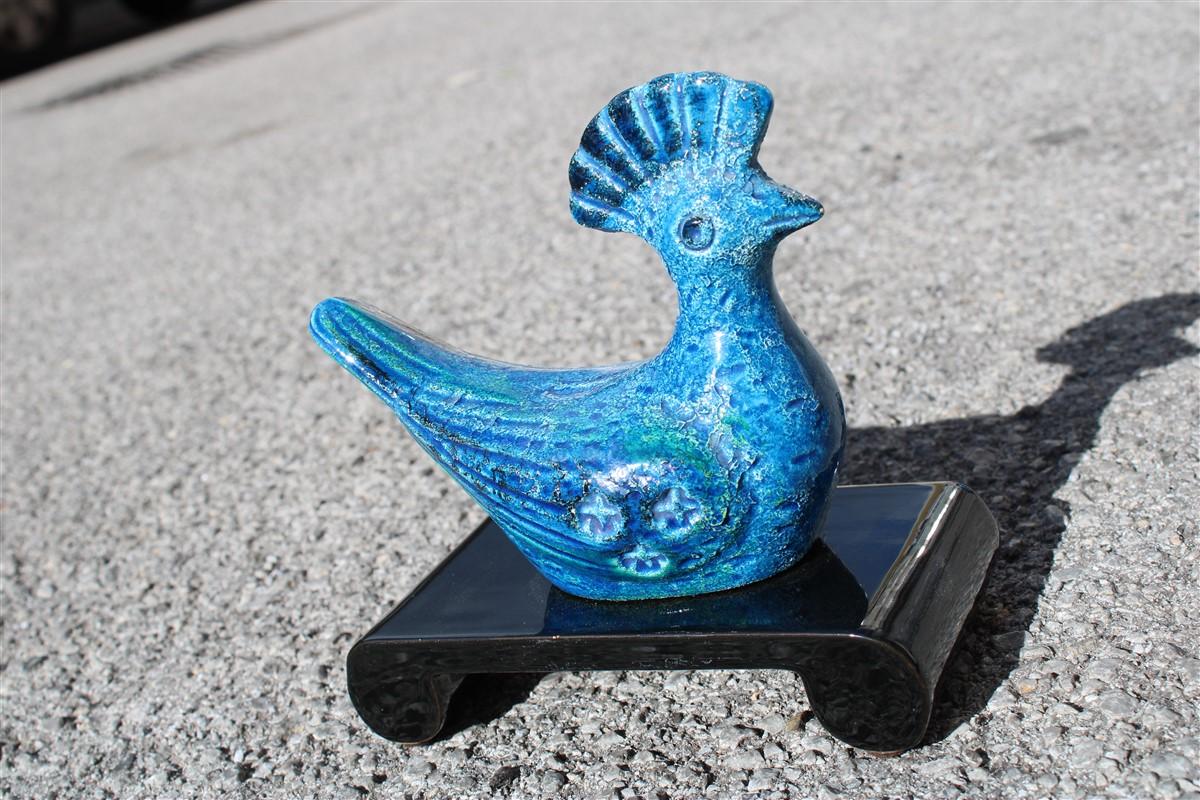 Italian sculpture bird Bitossi Design 1960 black and blu ceramic.
