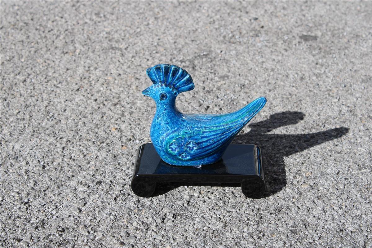 Mid-Century Modern Italian Sculpture Bird Bitossi Design 1960 Black and Blu Ceramic  For Sale