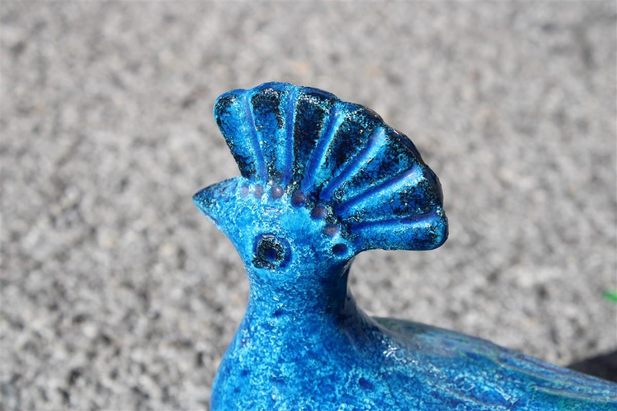 Mid-20th Century Italian Sculpture Bird Bitossi Design 1960 Black and Blu Ceramic  For Sale
