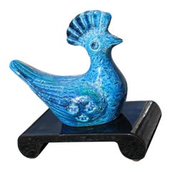 Italian Sculpture Bird Bitossi Design 1960 Black and Blu Ceramic