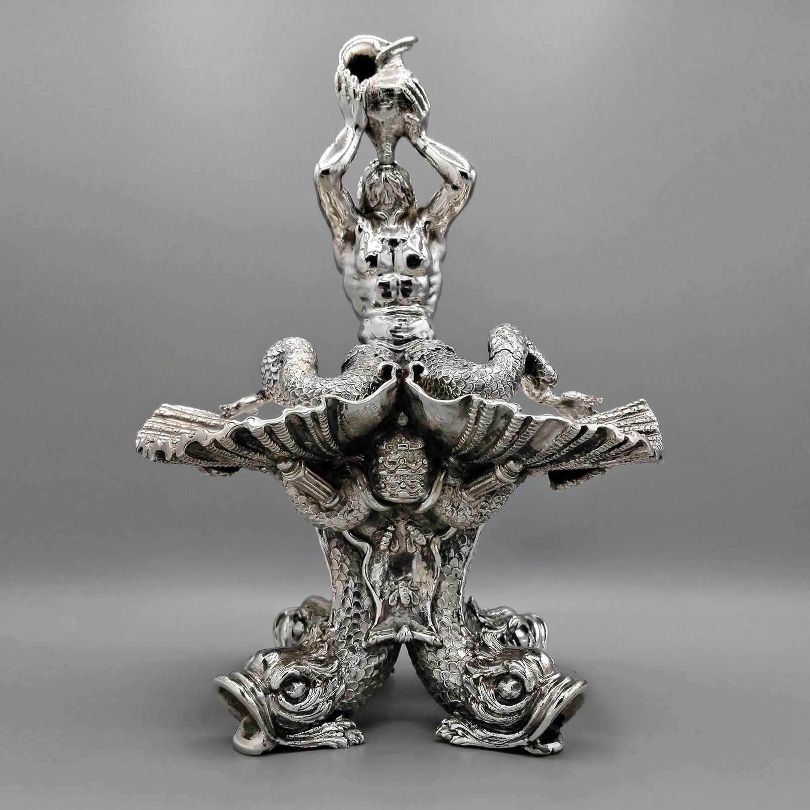 Baroque Italian sculpture in solid 800 silver reproducing the Triton fountain in Rome