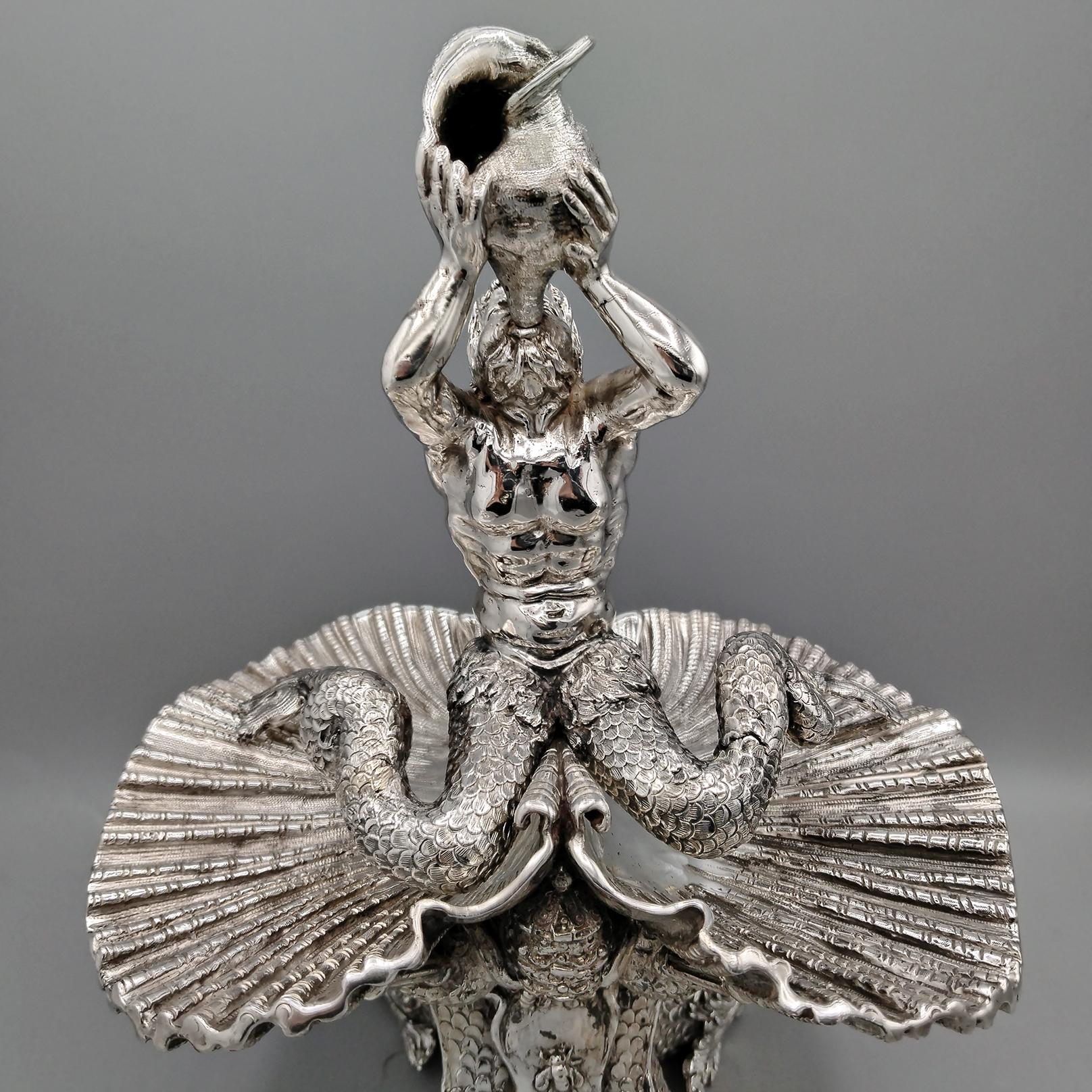 Forged Italian sculpture in solid 800 silver reproducing the Triton fountain in Rome