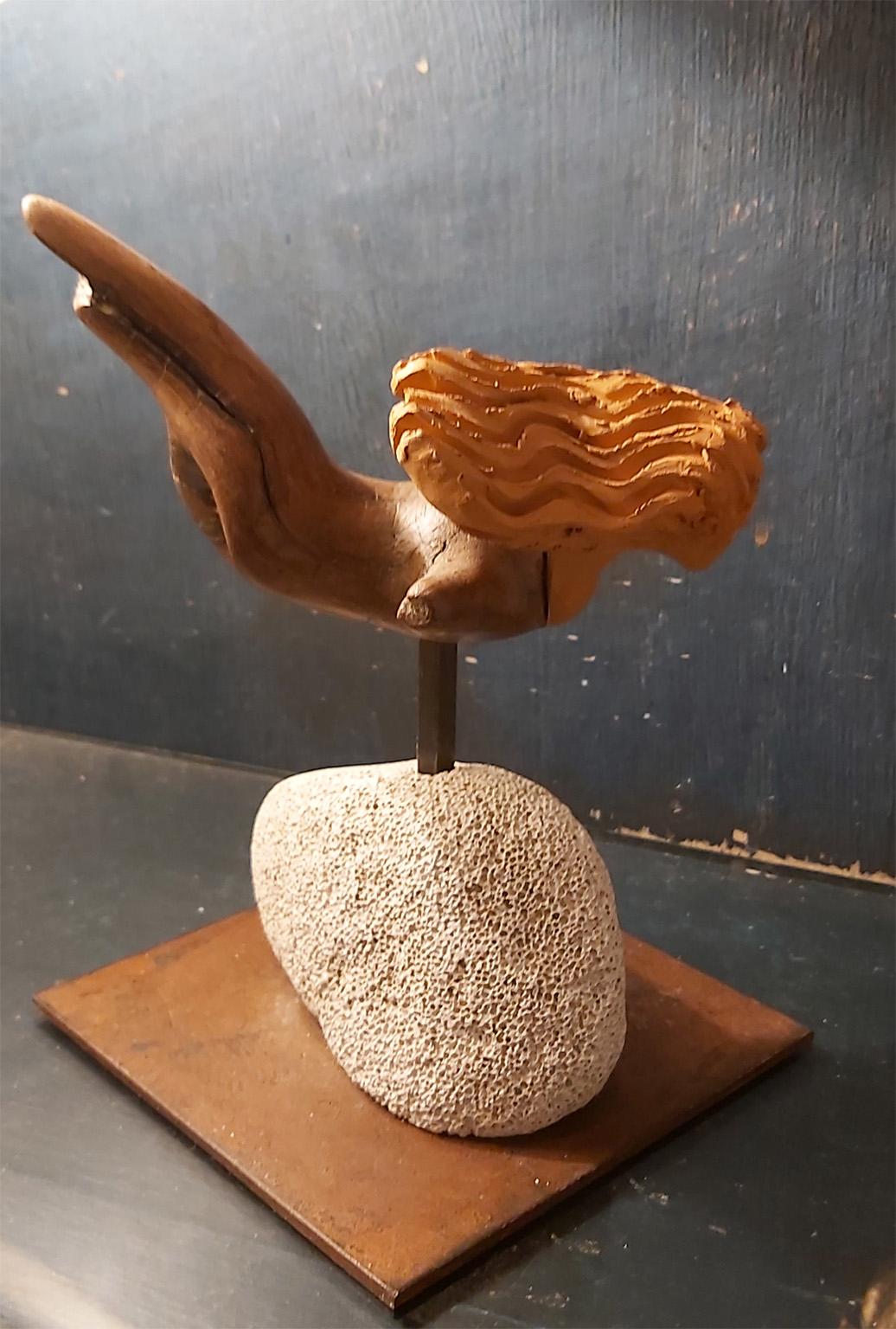 Italian Sculpture Sirena in Terracotta Wood and Pumice Stone on Metal Basement 5