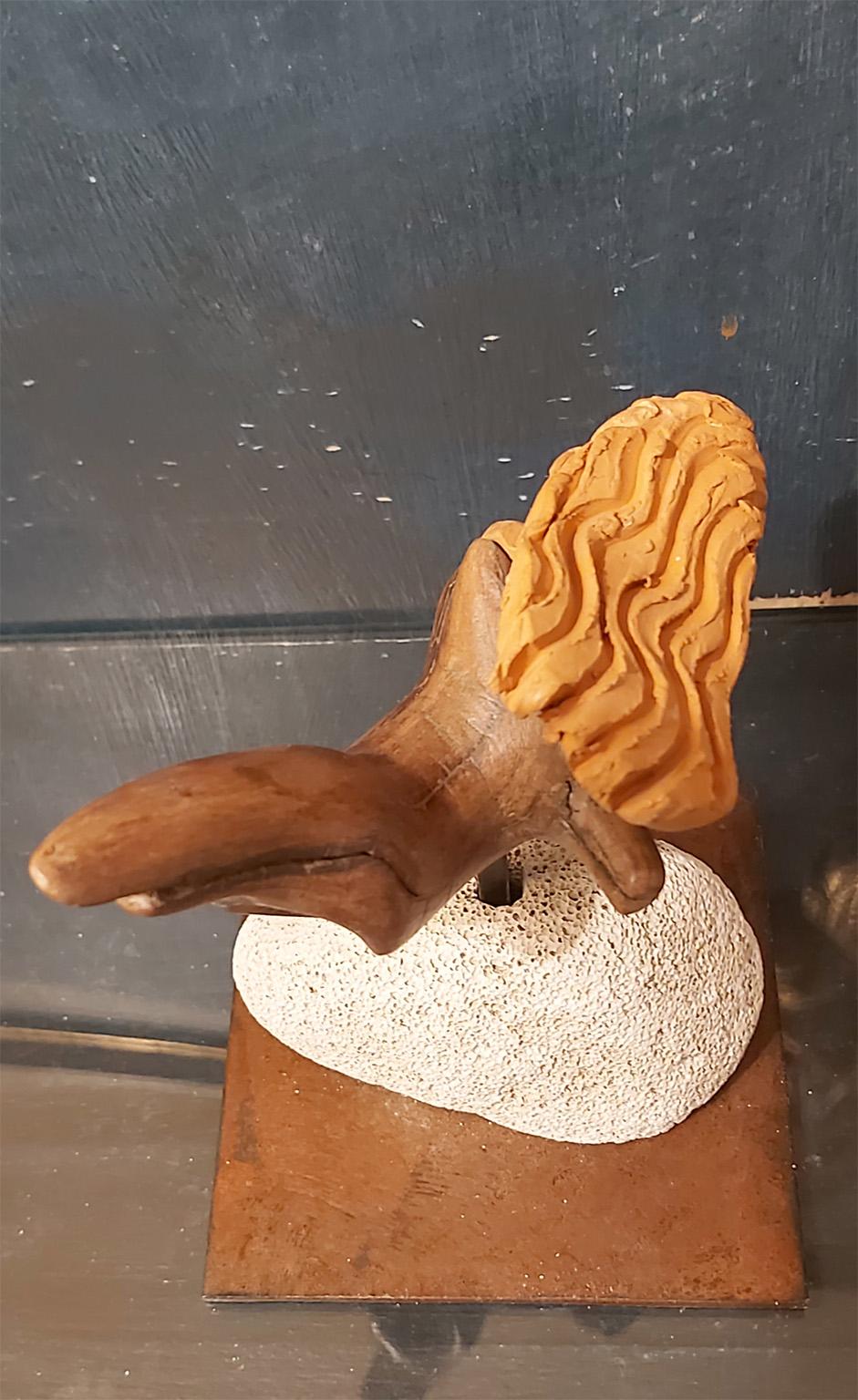 Beautiful sculpture Sirena, by italian based ceramist Pilar Gallas.
Pezzo unico.

Terracotta face with wood body on a pumice stone and metal base.
Elegance and aerodynamic.
Contemporary.