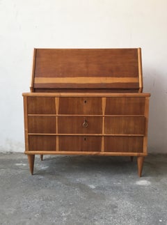 Italian Secretaire in Blonde Oak Veneered Wood with Flap and Drawers, 1960s