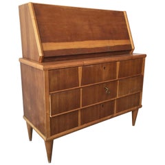 Italian Secretaire in Blonde Oak Veneered Wood with Flap and Drawers, 1960s