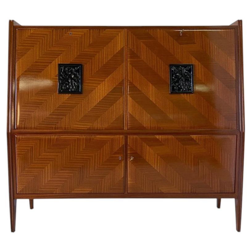 Italian Secretaire with Geometric Veneer and Carved Panels, 1950s