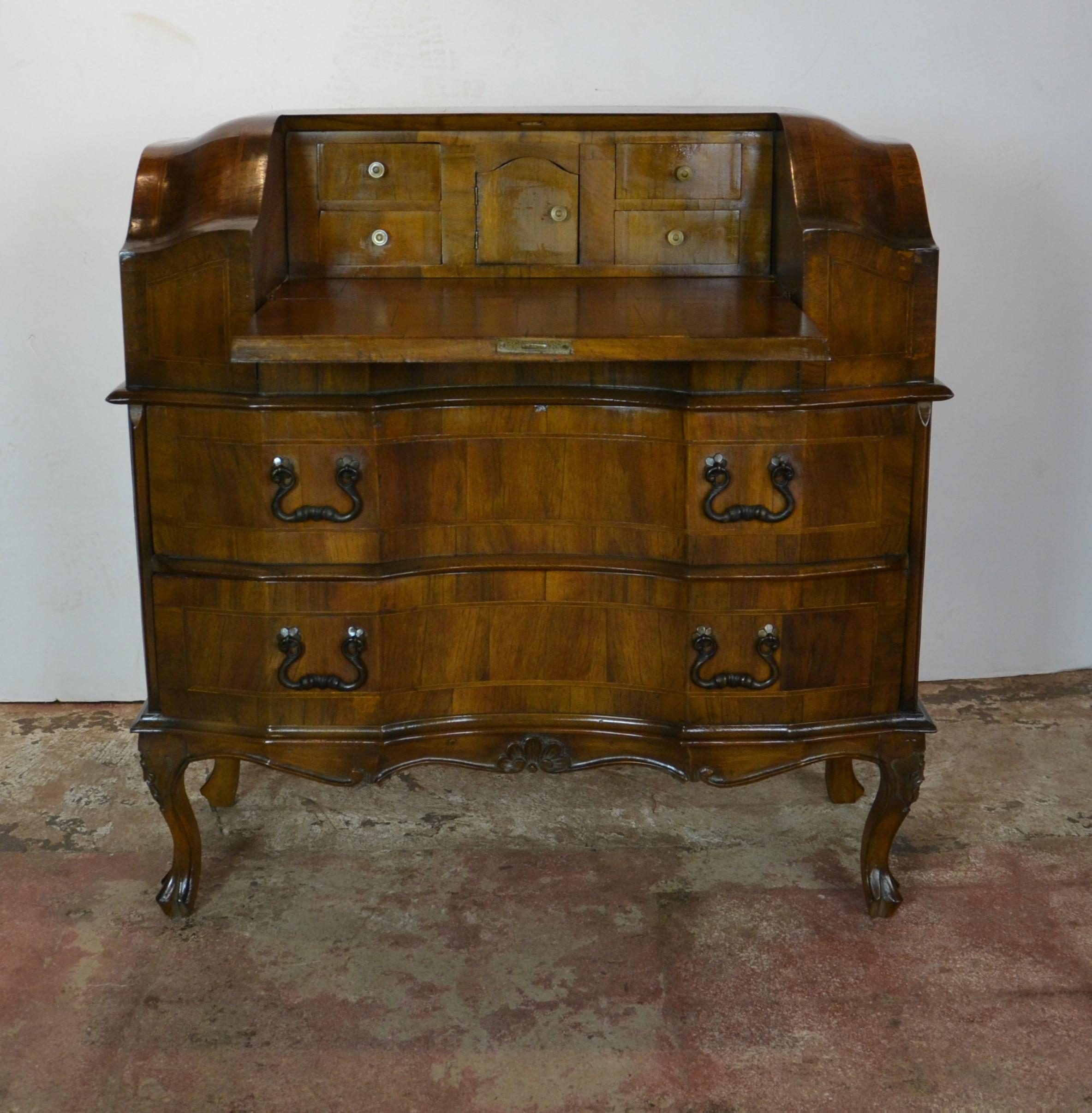 Italian tilt-top secretary. Two drawers with brass pull. The top opens up to small compartments.