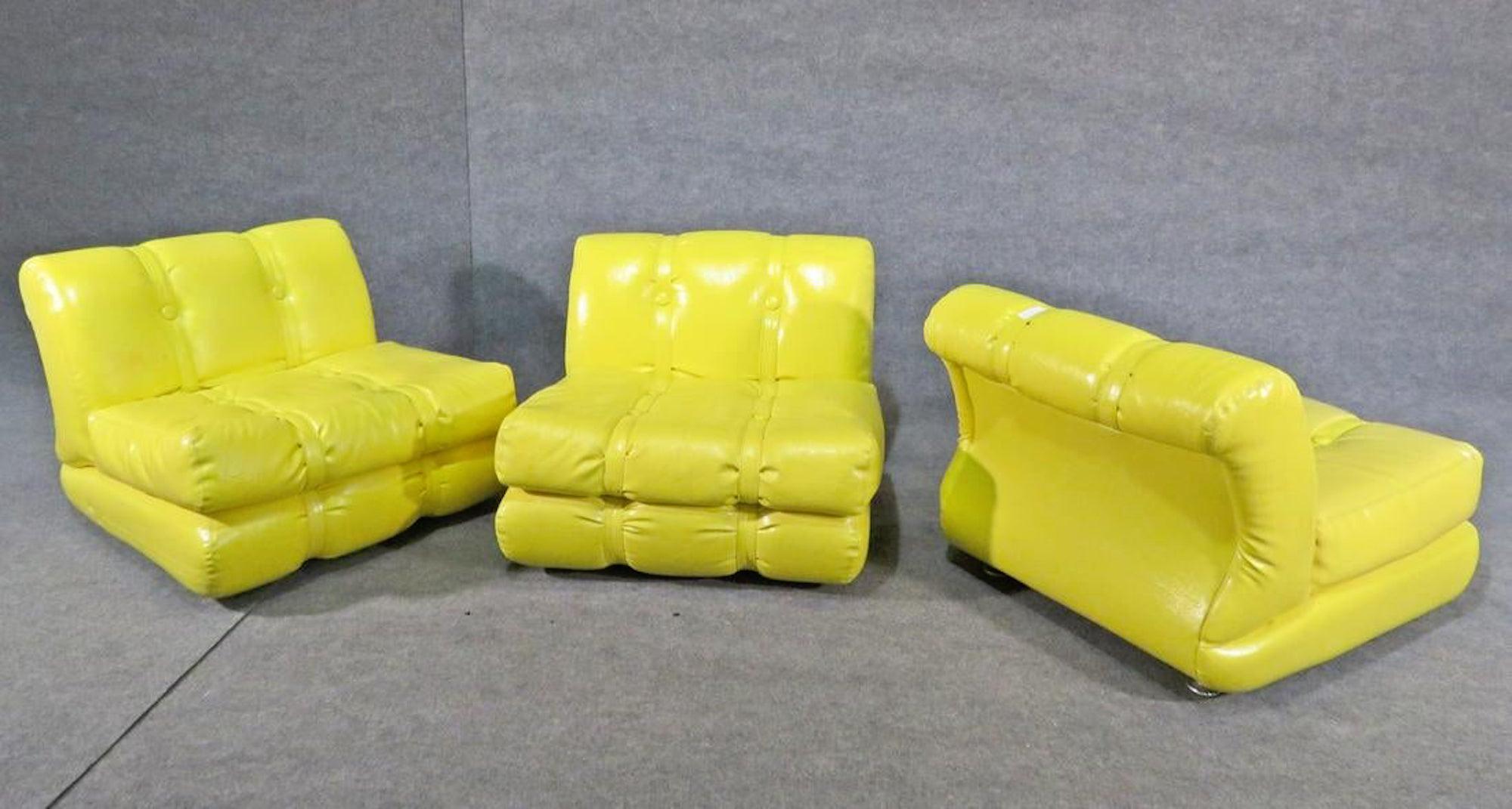 Three piece sofa in vibrant yellow vinyl.

Please confirm item location with dealer (NJ or NY).