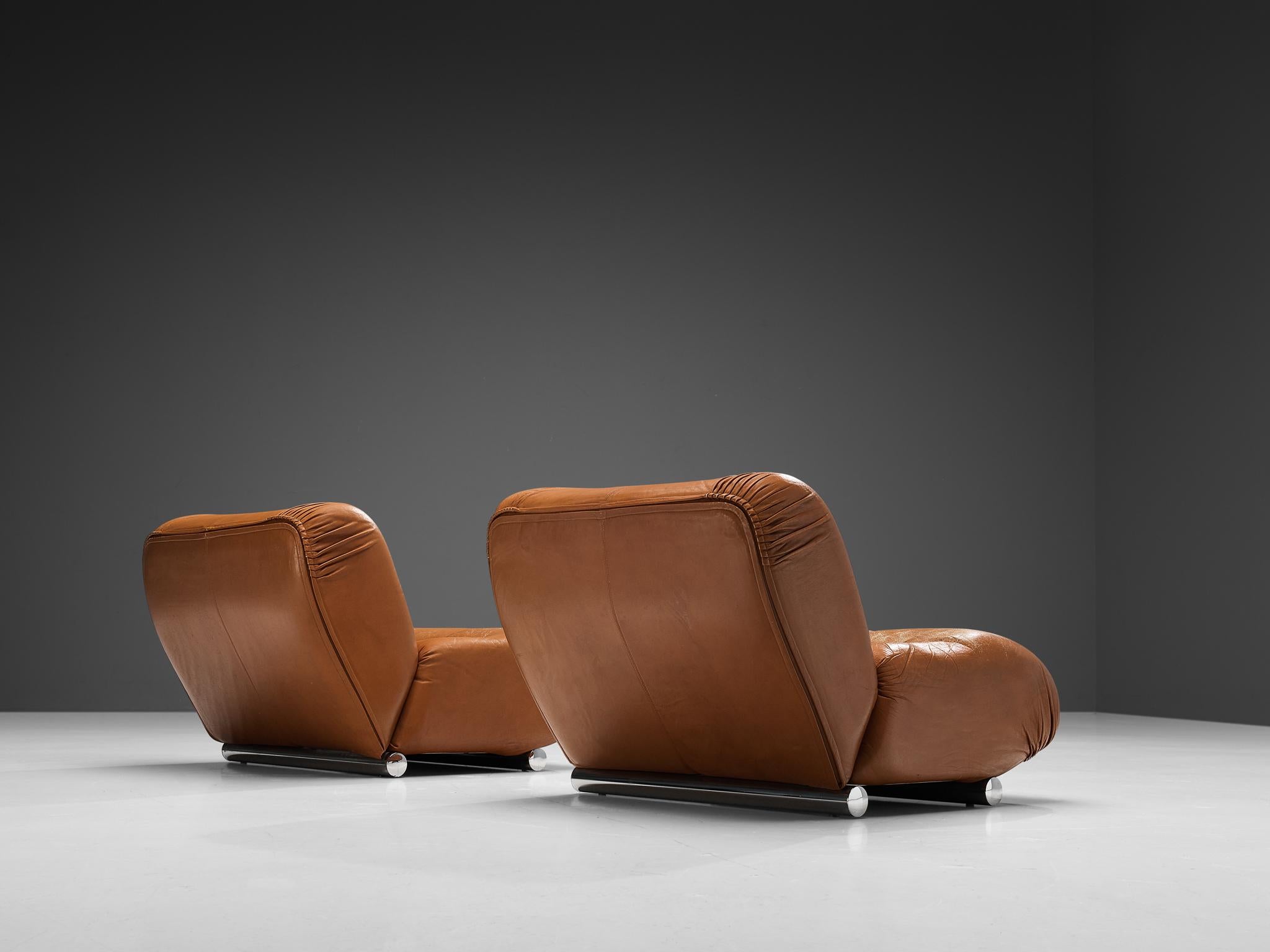Steel Giuseppe Munari Lounge Chairs in Cognac Leather For Sale