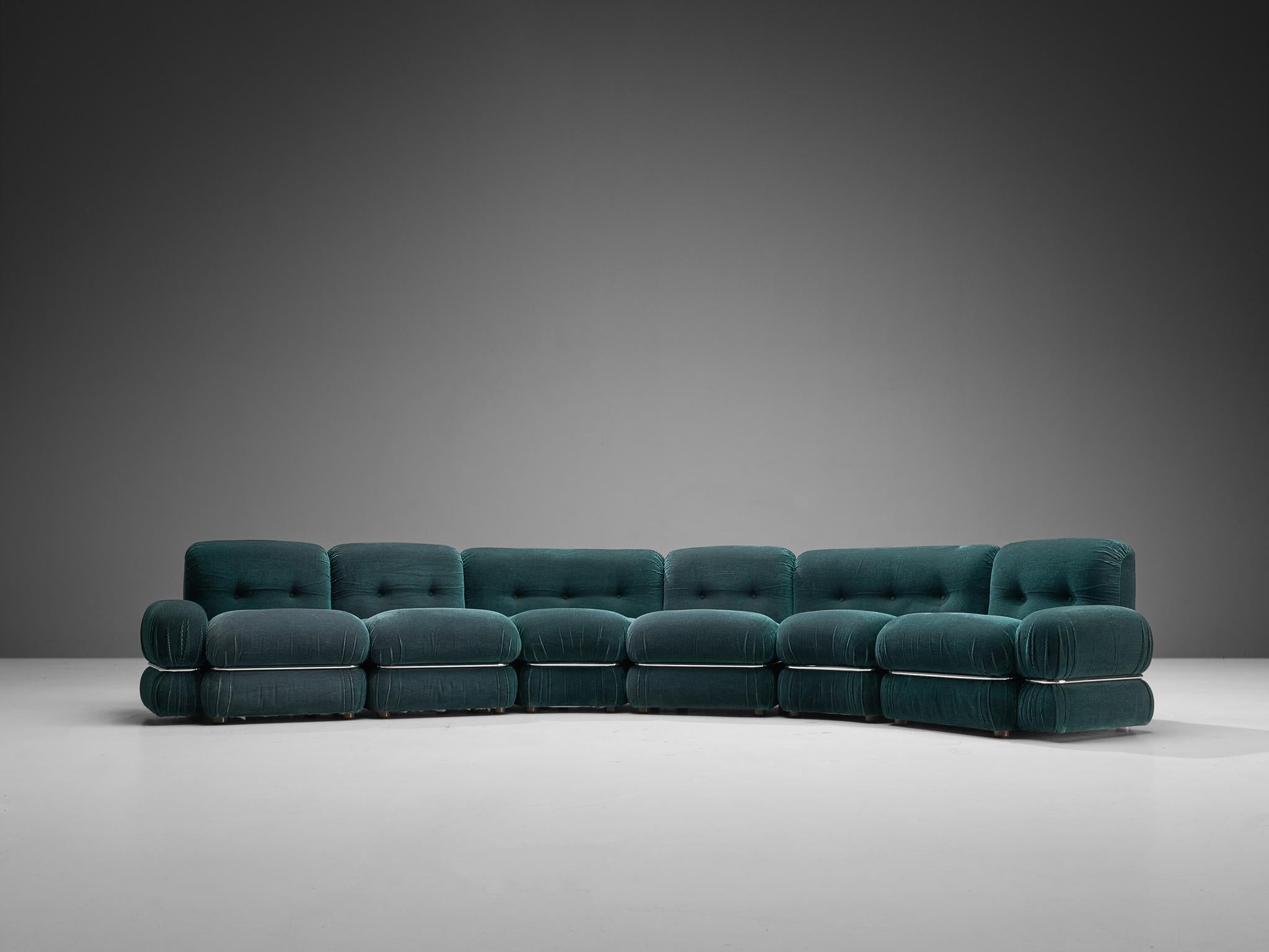 Mid-Century Modern Italian Sectional Sofa in Green and Black Velvet with Chrome Detailing 