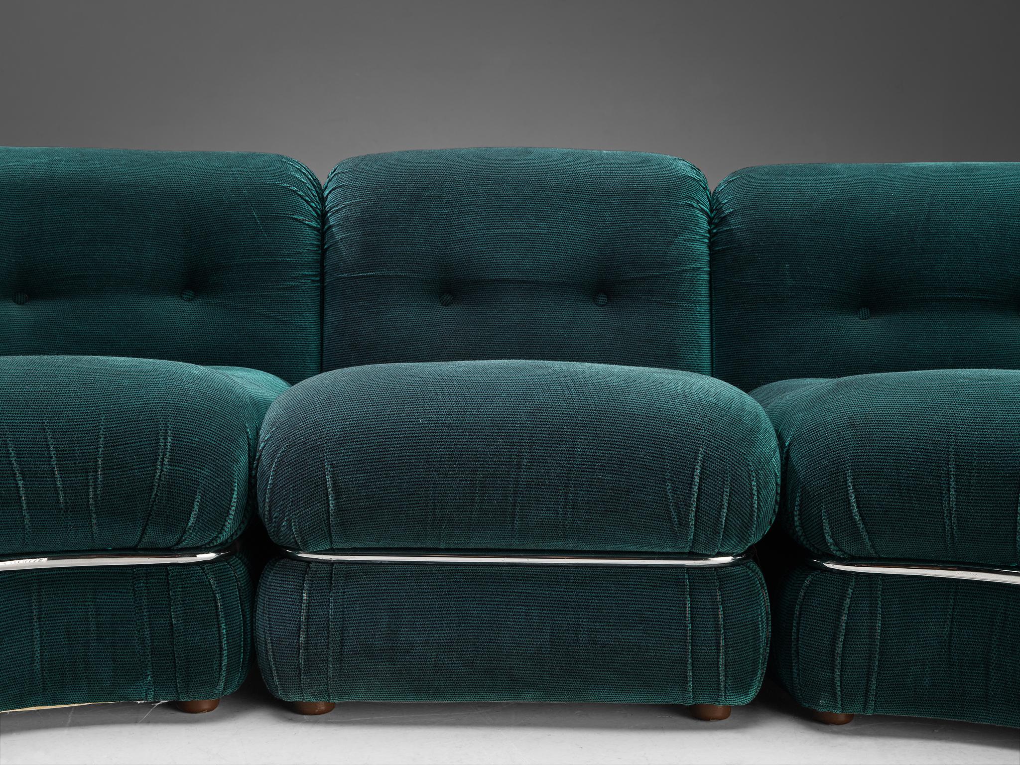Mid-20th Century Italian Sectional Sofa in Green and Black Velvet with Chrome Detailing