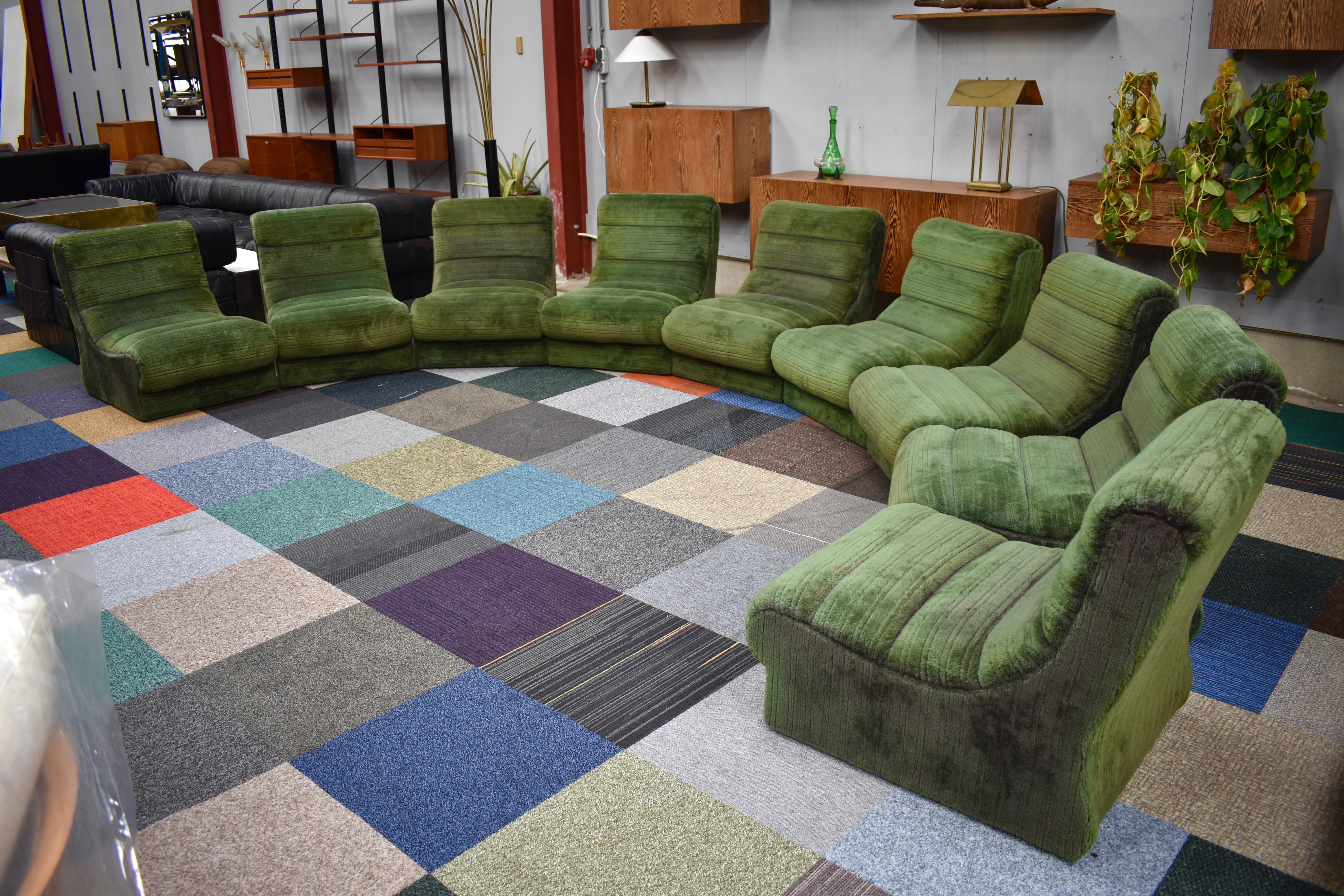 Fabric Italian Sectional Sofa in Green Plush, 1970s