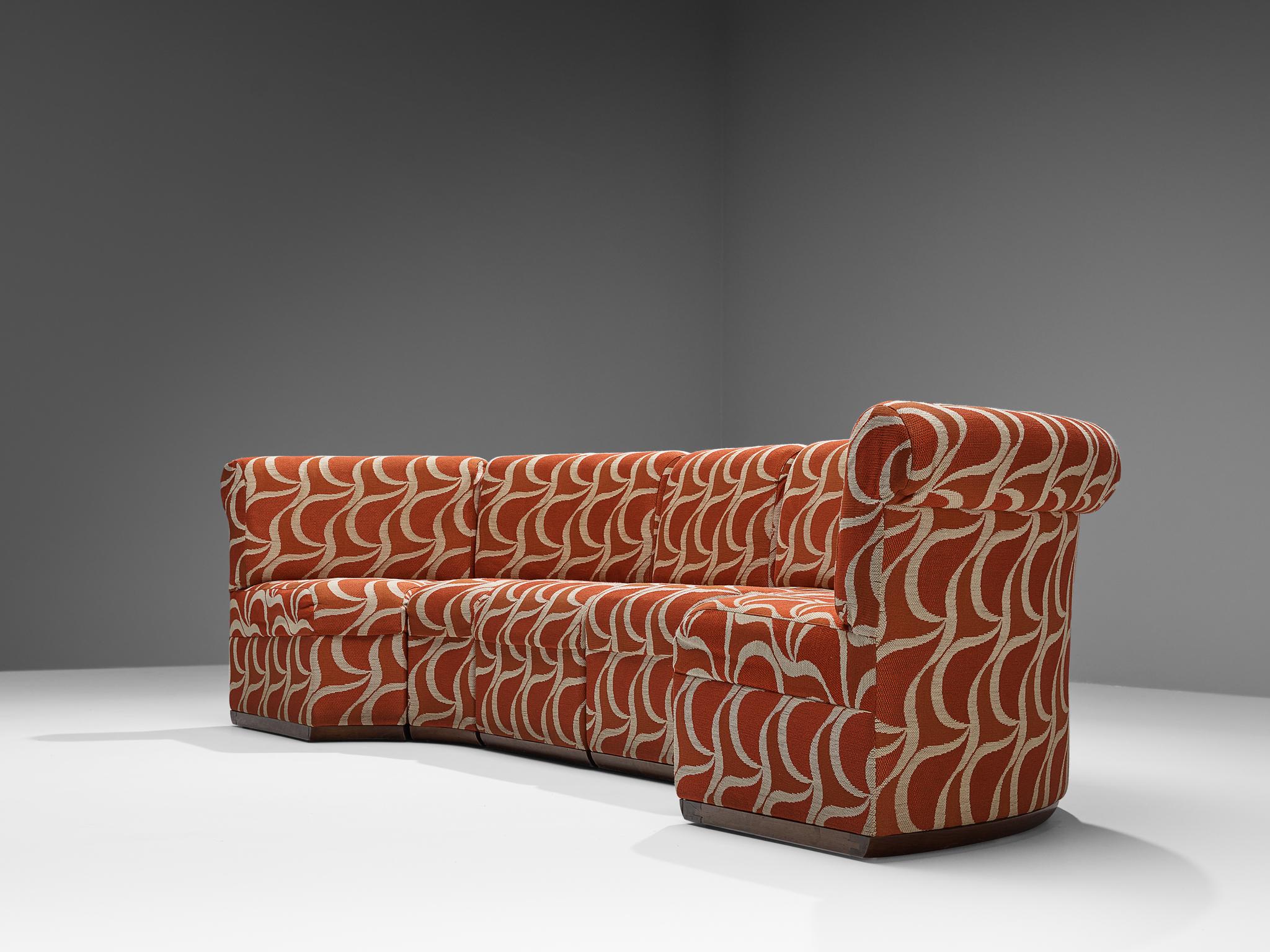Post-Modern Italian Sectional Sofa in Red Orange Patterned Upholstery  For Sale