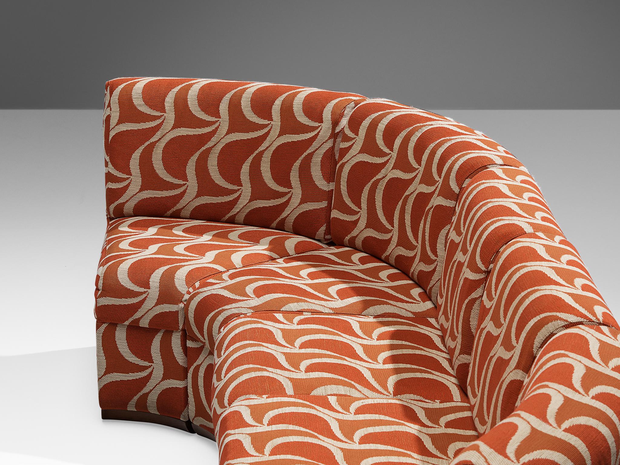 Fabric Italian Sectional Sofa in Red Orange Patterned Upholstery  For Sale
