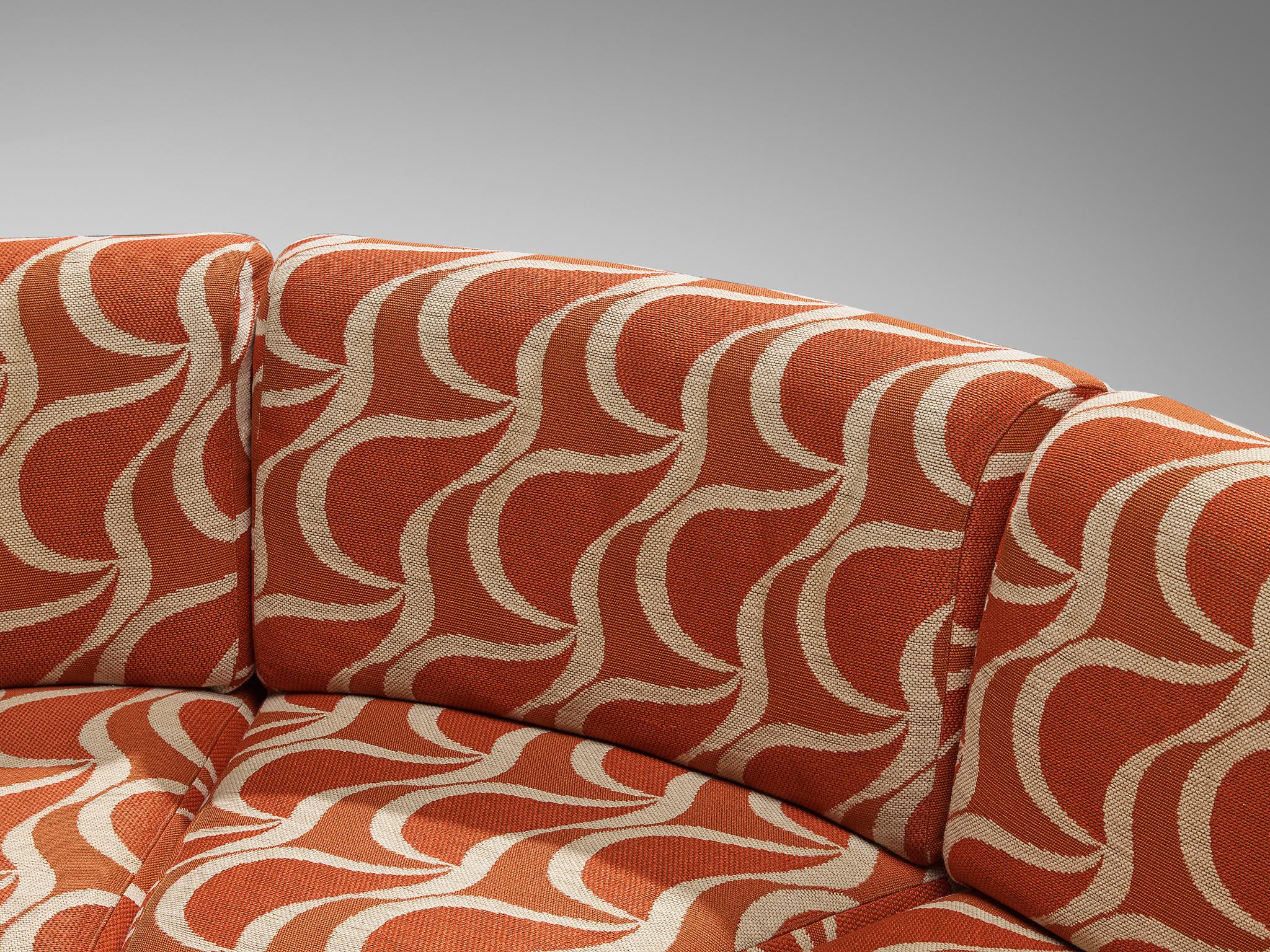 Fabric Italian Sectional Sofa in Red Orange Patterned Upholstery