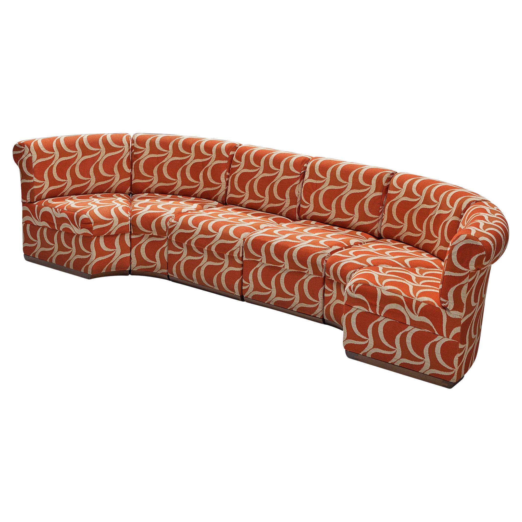 Italian Sectional Sofa in Red Orange Patterned Upholstery  For Sale
