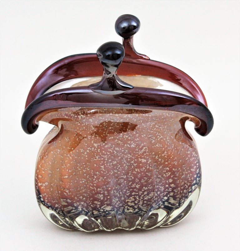 Italian Seguso Murano Art Glass Purse Style Handbag Vase With Silver 