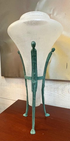 Italian Seguso Murano Frosted Glass Vase on Bronze Figural Stand, circa 1980