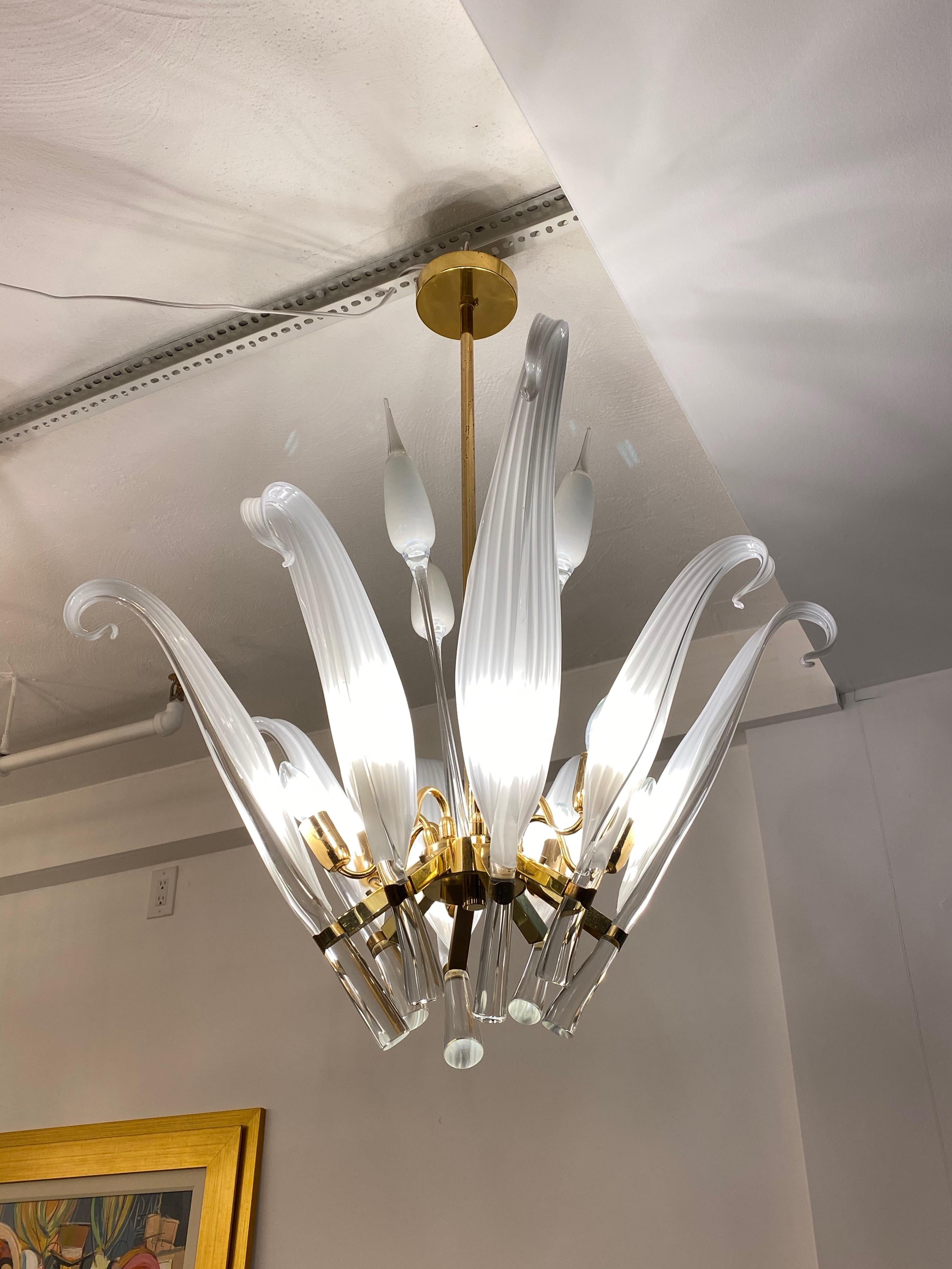 Midcentury glass and brass chandelier by Seguso. Fixture features eight cattail glass leaves which set in a brass frame. Three glass decorative components come out of the center of the chandelier. Has been rewired for American use with eight
