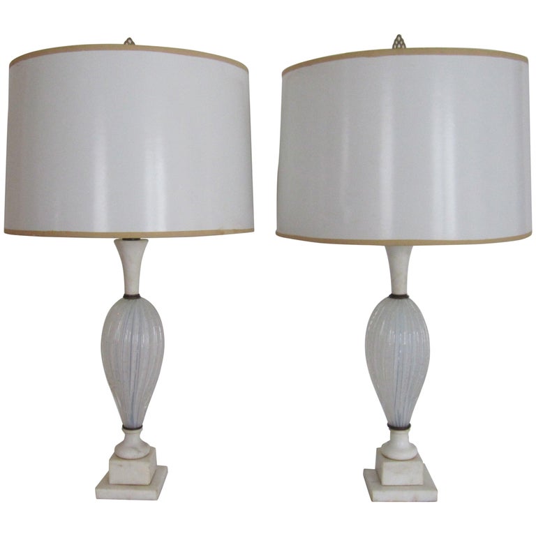 Italian Seguso White Murano Art Glass, Second Hand Bedside Table Lamps
