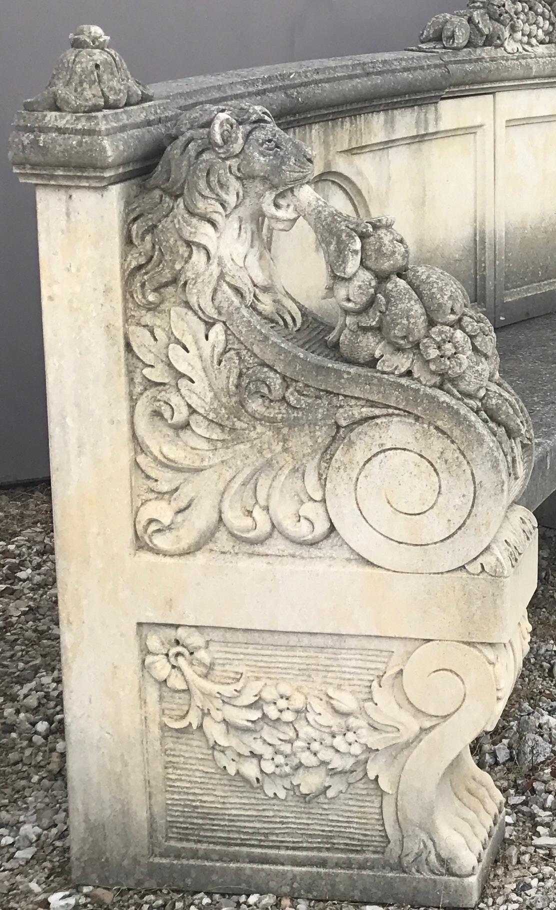 Italian Semi Circular Finely Carved Large Lime Stone Bench Garden Furniture In Excellent Condition In Rome, IT
