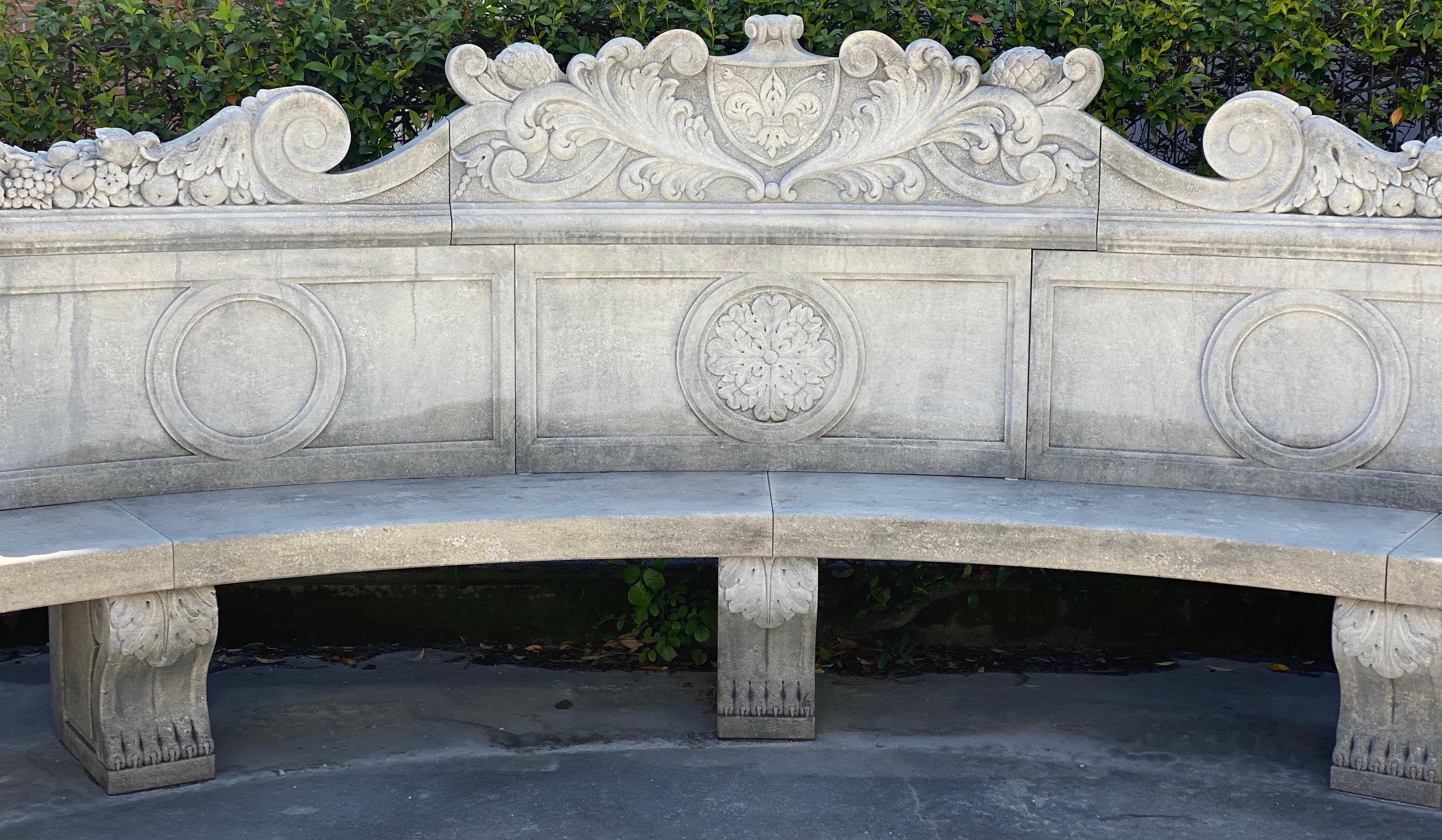 Italian Semi Circular Finely Carved Large Lime Stone Bench Garden Furniture 2