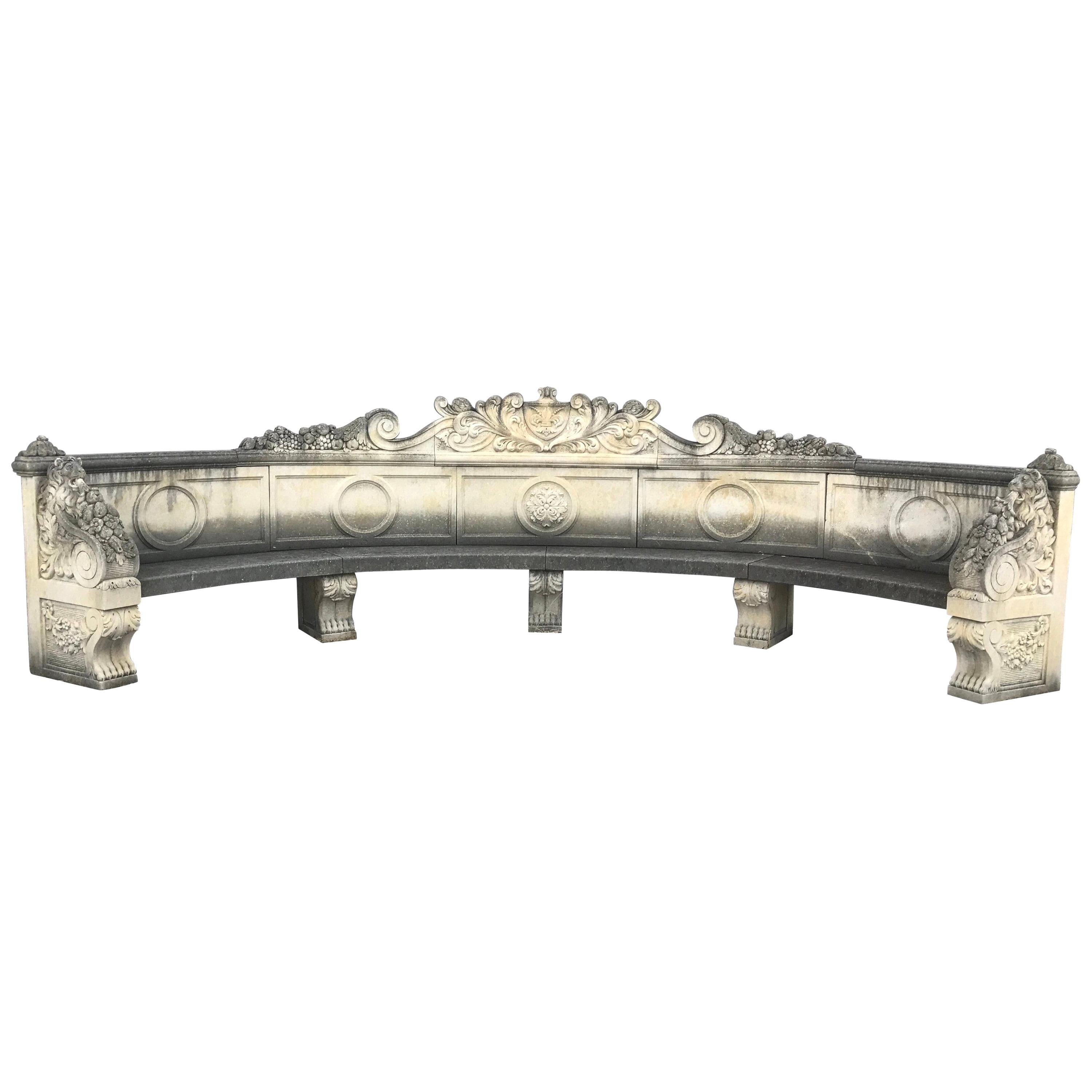 Italian Semi Circular Finely Carved Large Lime Stone Bench Garden Furniture