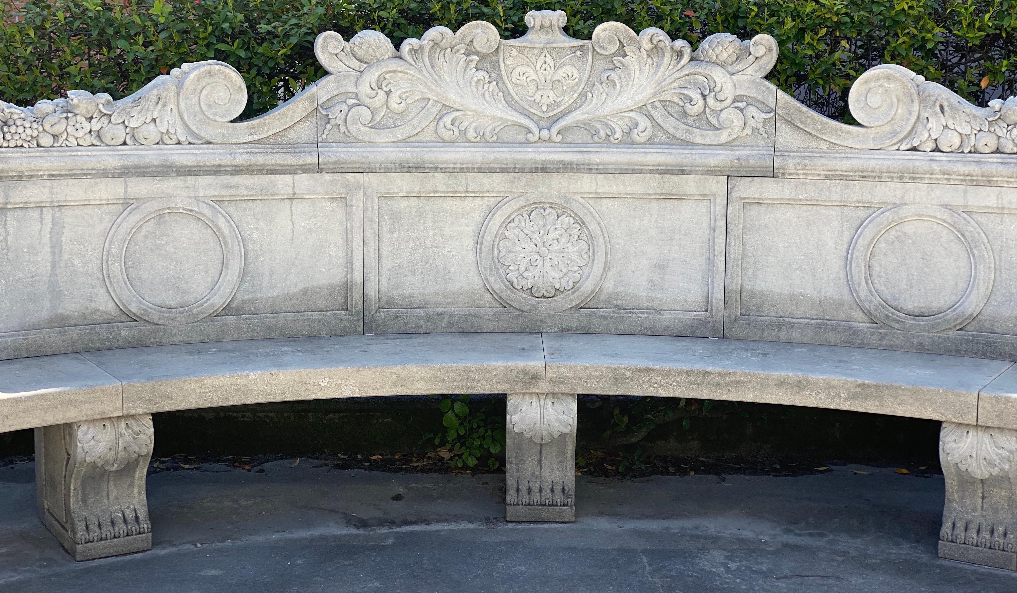 Exceptional craftsmanship with stunning motifs in relief in ' Pietra di Vicenza'. Rich decoration of the armrest with Griffins and garland -
Great decoration for Garden and Patio furniture.
This bench can be disassembled and the glasses individually