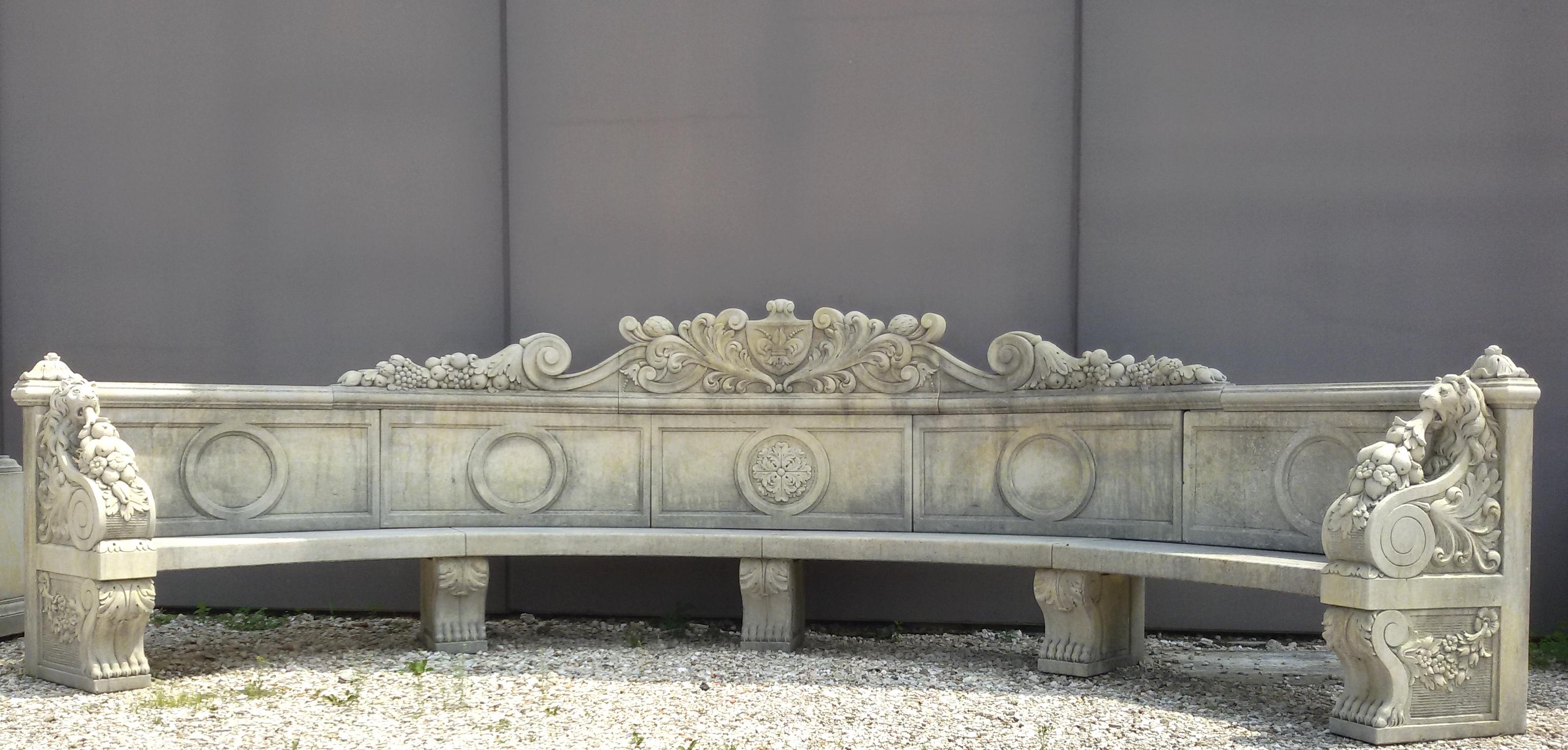 Italian Semi Circular Large Lime Stone Bench For Sale 1