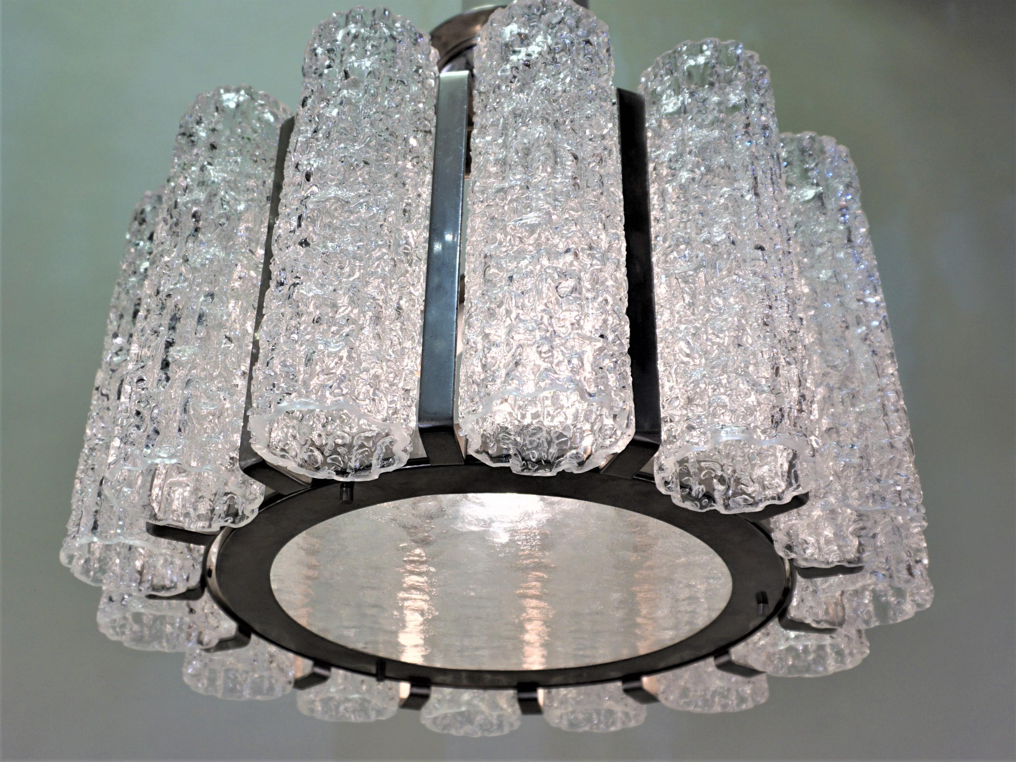 Italian semi flushmount four-light texture glass and chrome chandelier.