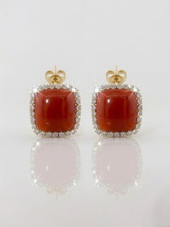 Italienische Sensationelle Rote Koralle 3.00 Ct Diamant Quadratische Ohrringe 18 KT