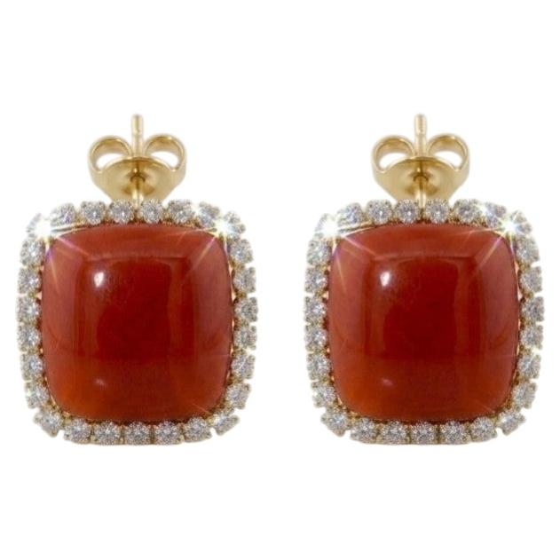 Boucles d'oreilles italiennes en Corail Rouge Sensationnel 3.00 Ct Diamond Square 18 KT en vente