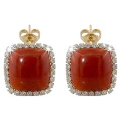 Italienische Sensationelle Rote Koralle 3.00 Ct Diamant Quadratische Ohrringe 18 KT